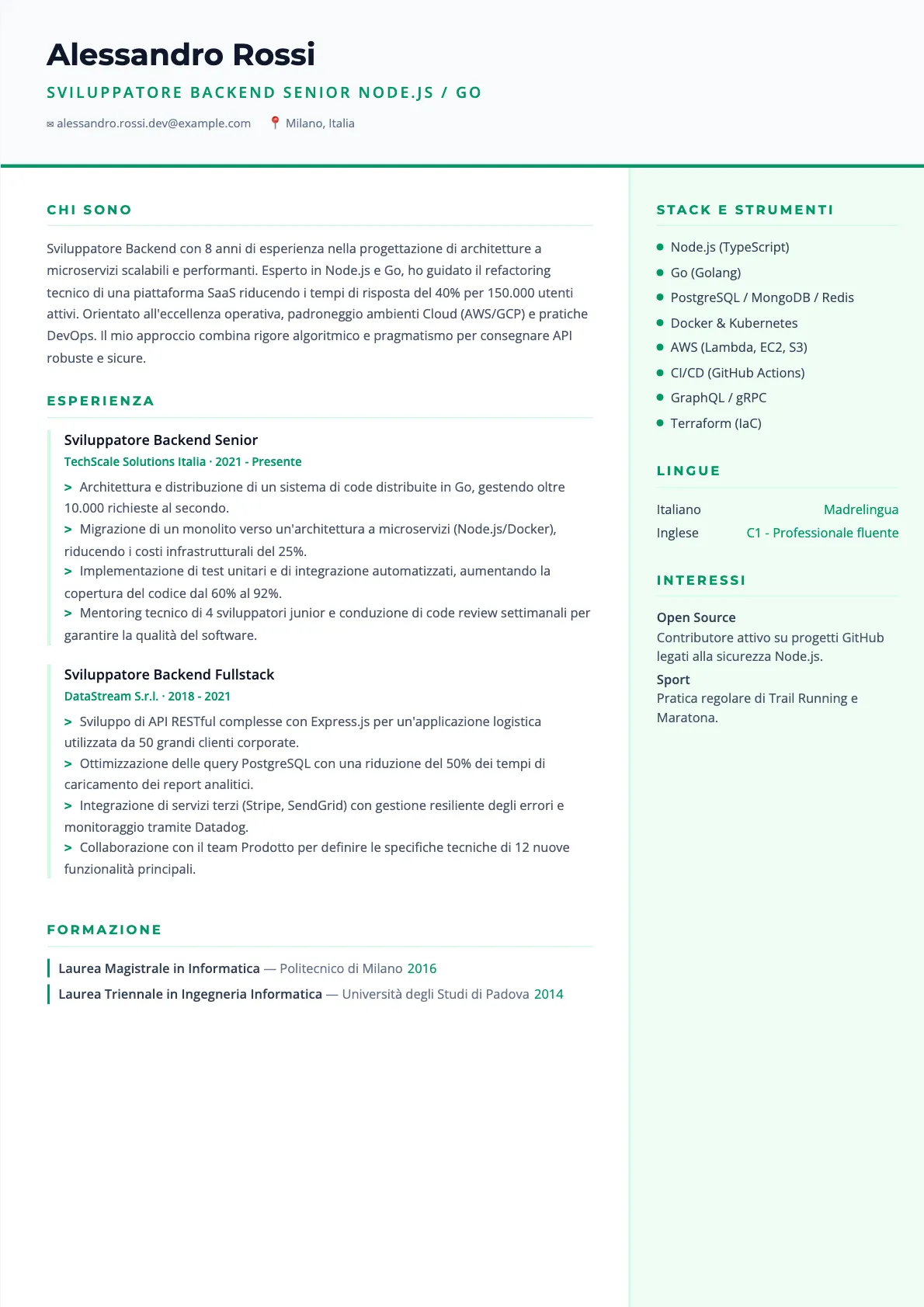 Esempio di CV Sviluppatore Backend 2026
