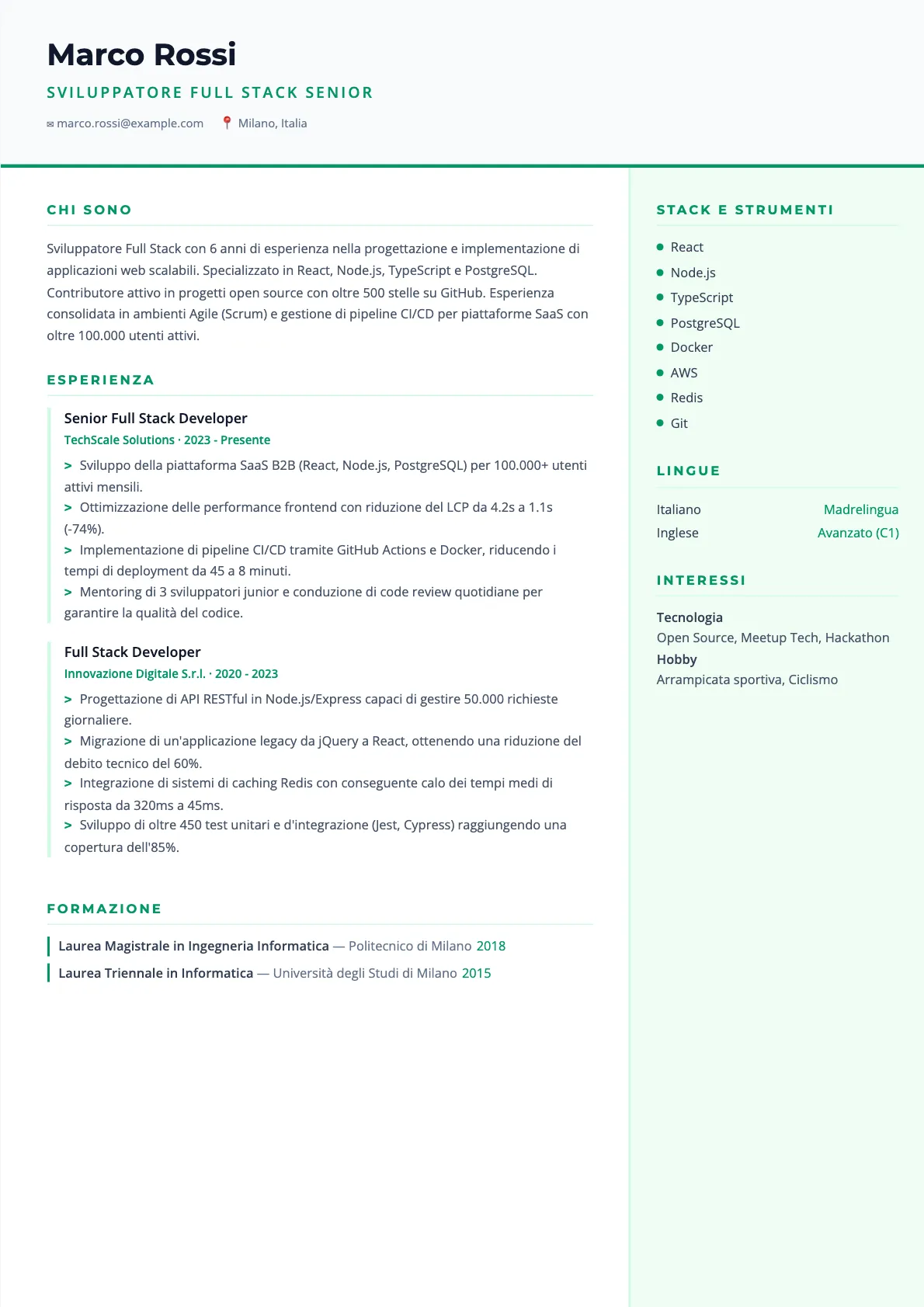 Esempio CV Sviluppatore Full Stack 2026: Guida e Modello