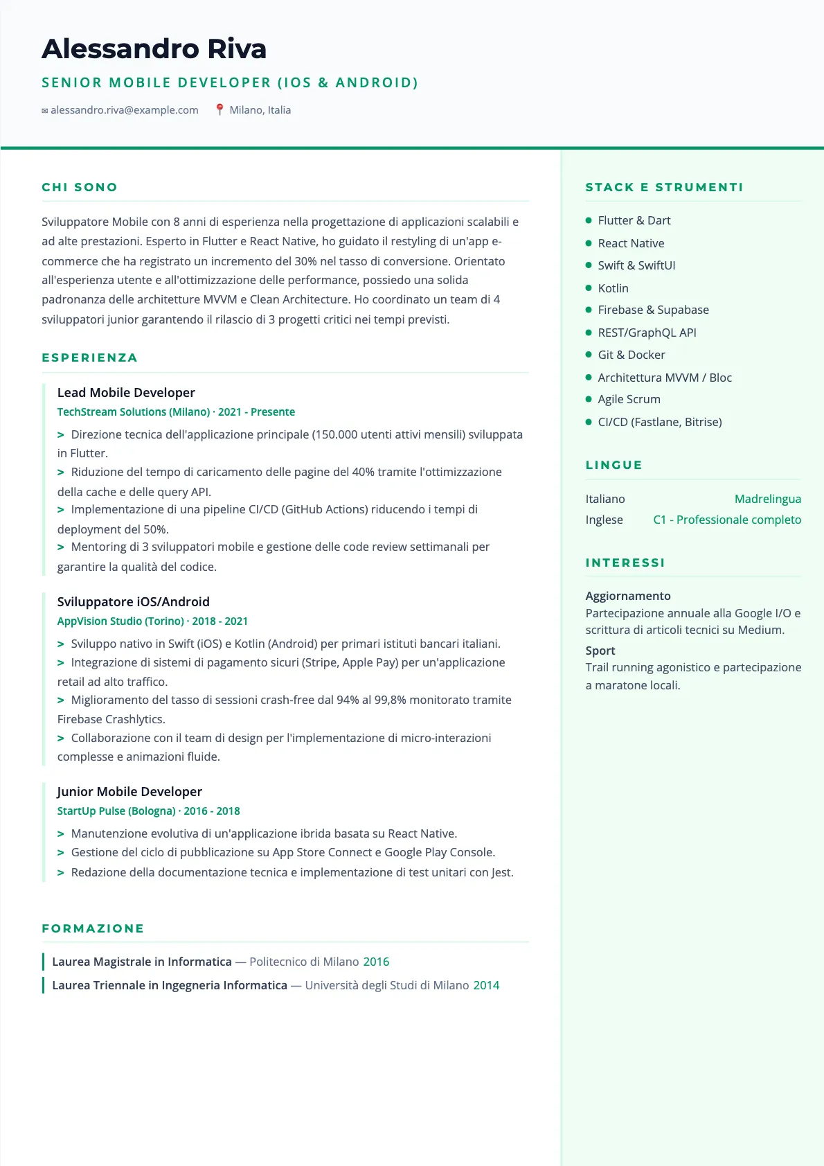 Esempio di CV Sviluppatore Mobile 2026