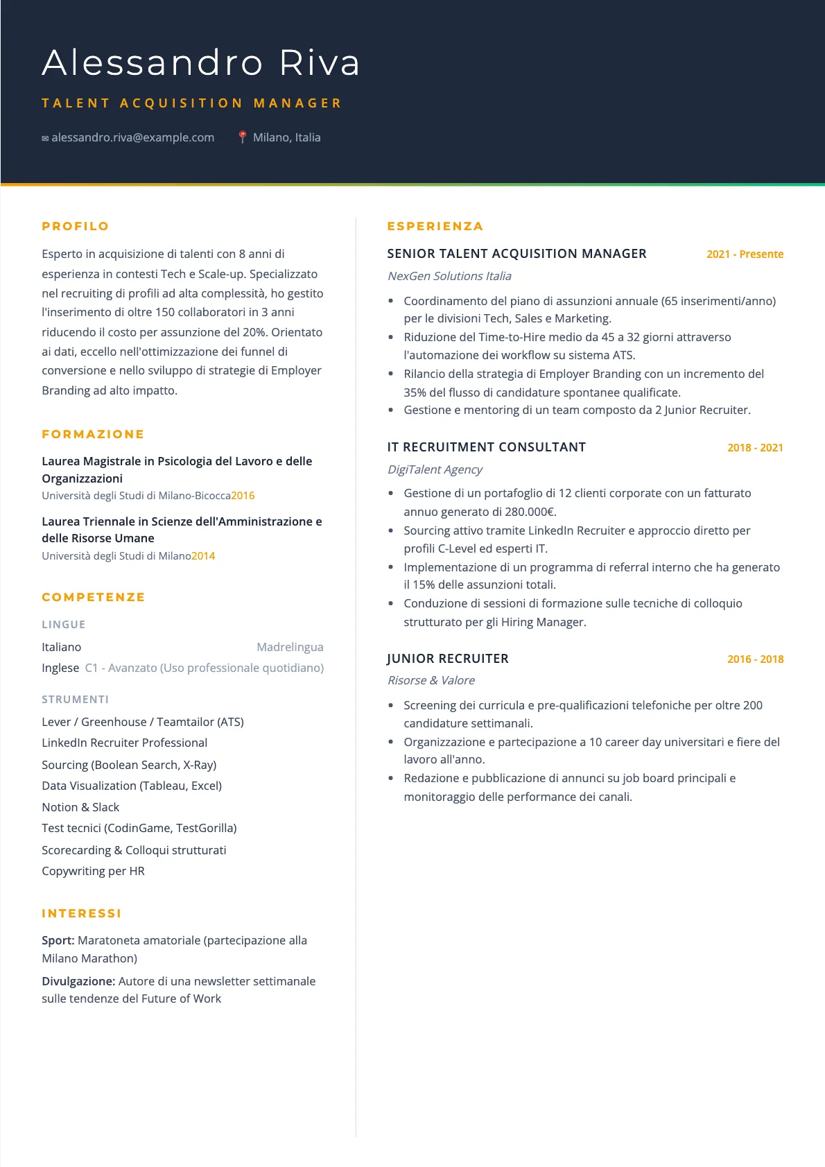 Esempio di CV per Talent Acquisition Manager 2026
