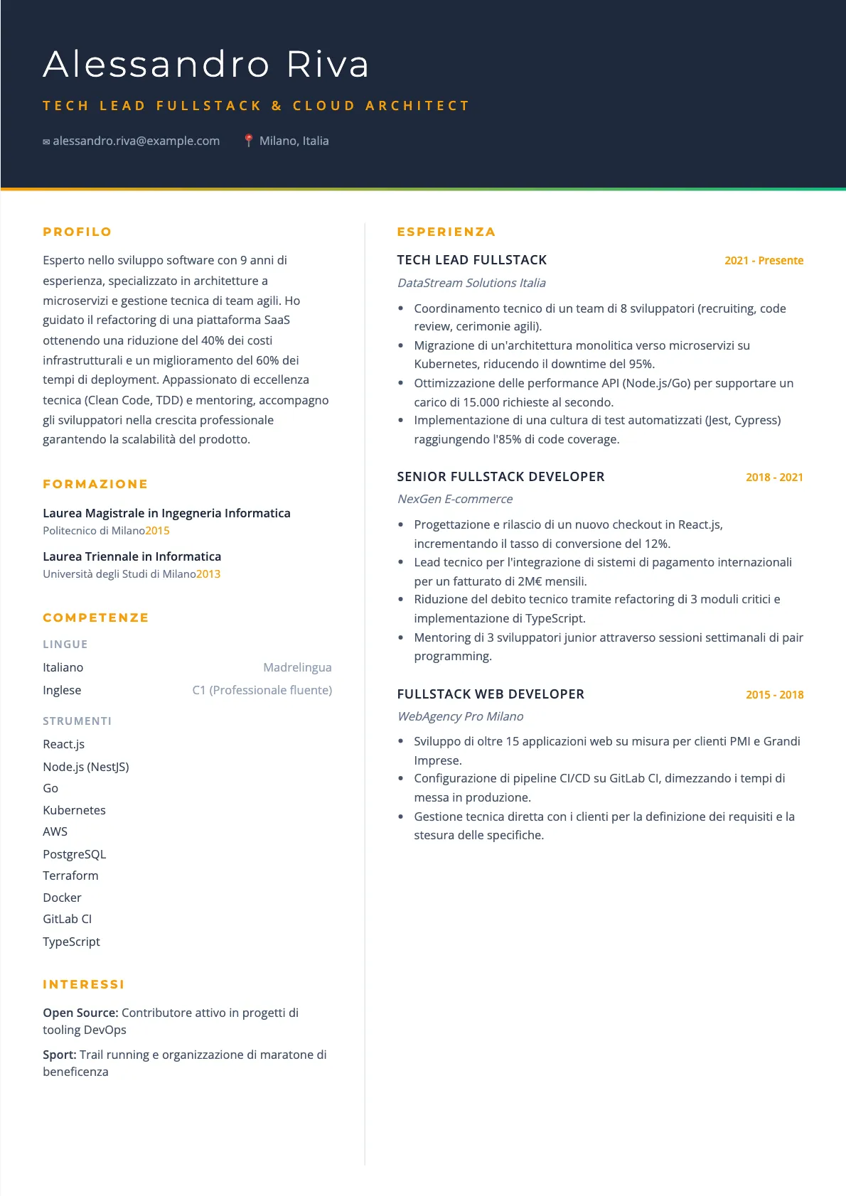 Esempio di CV Tech Lead 2026