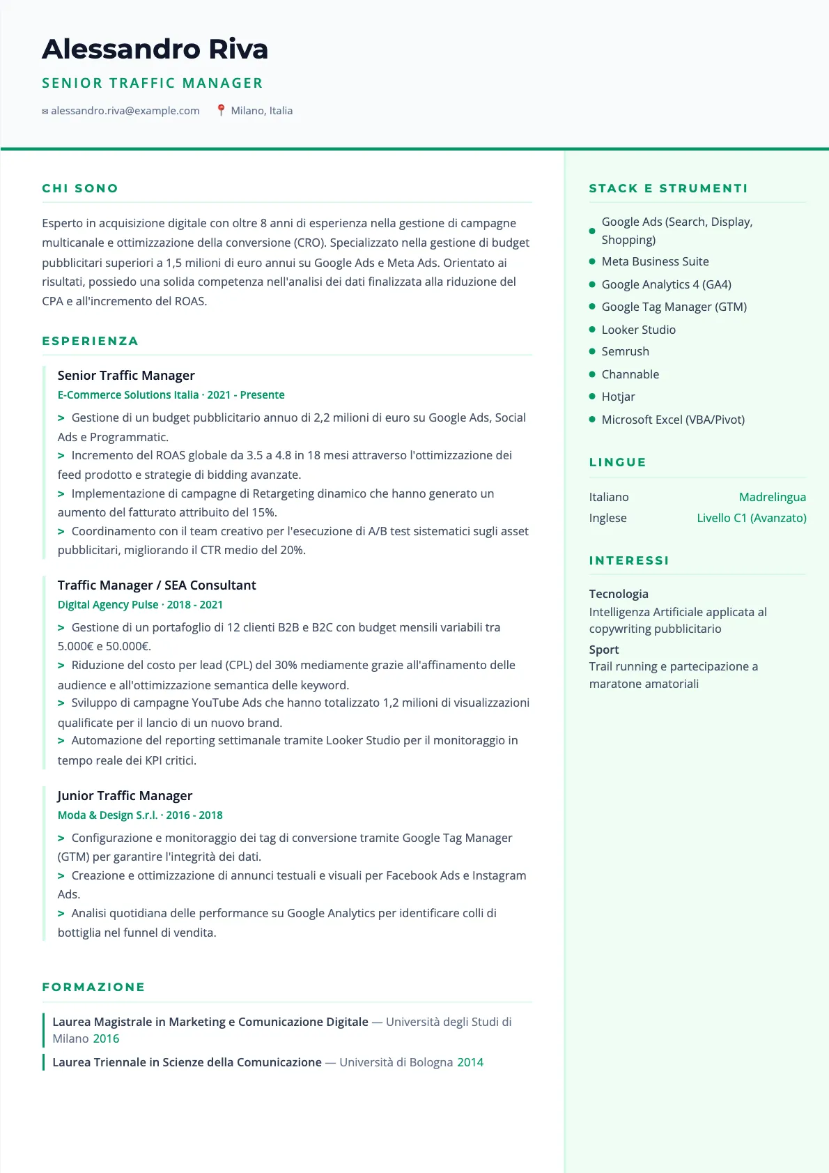 Esempio di CV Traffic Manager 2026