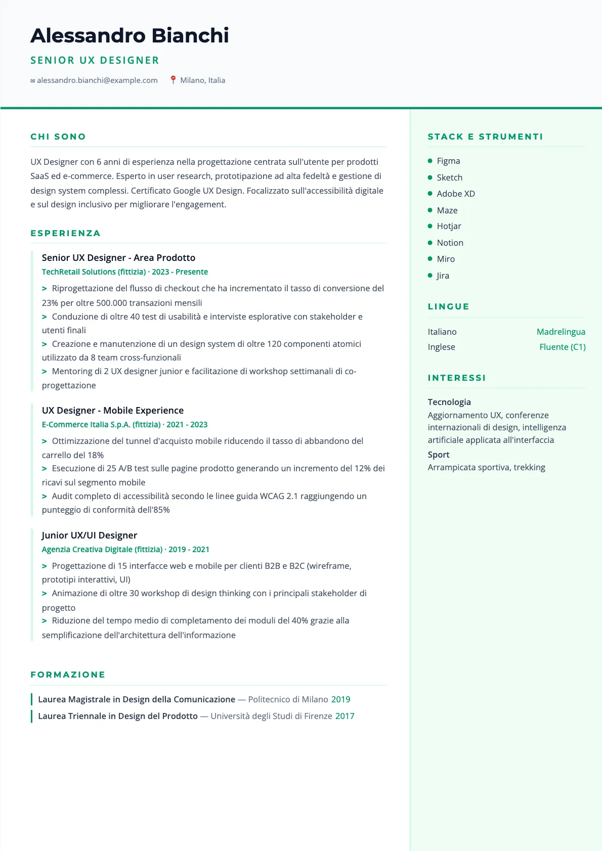 Esempio di CV UX Designer 2026