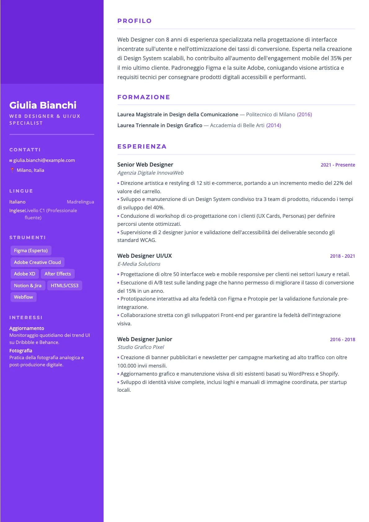 Esempio di CV Web Designer 2026