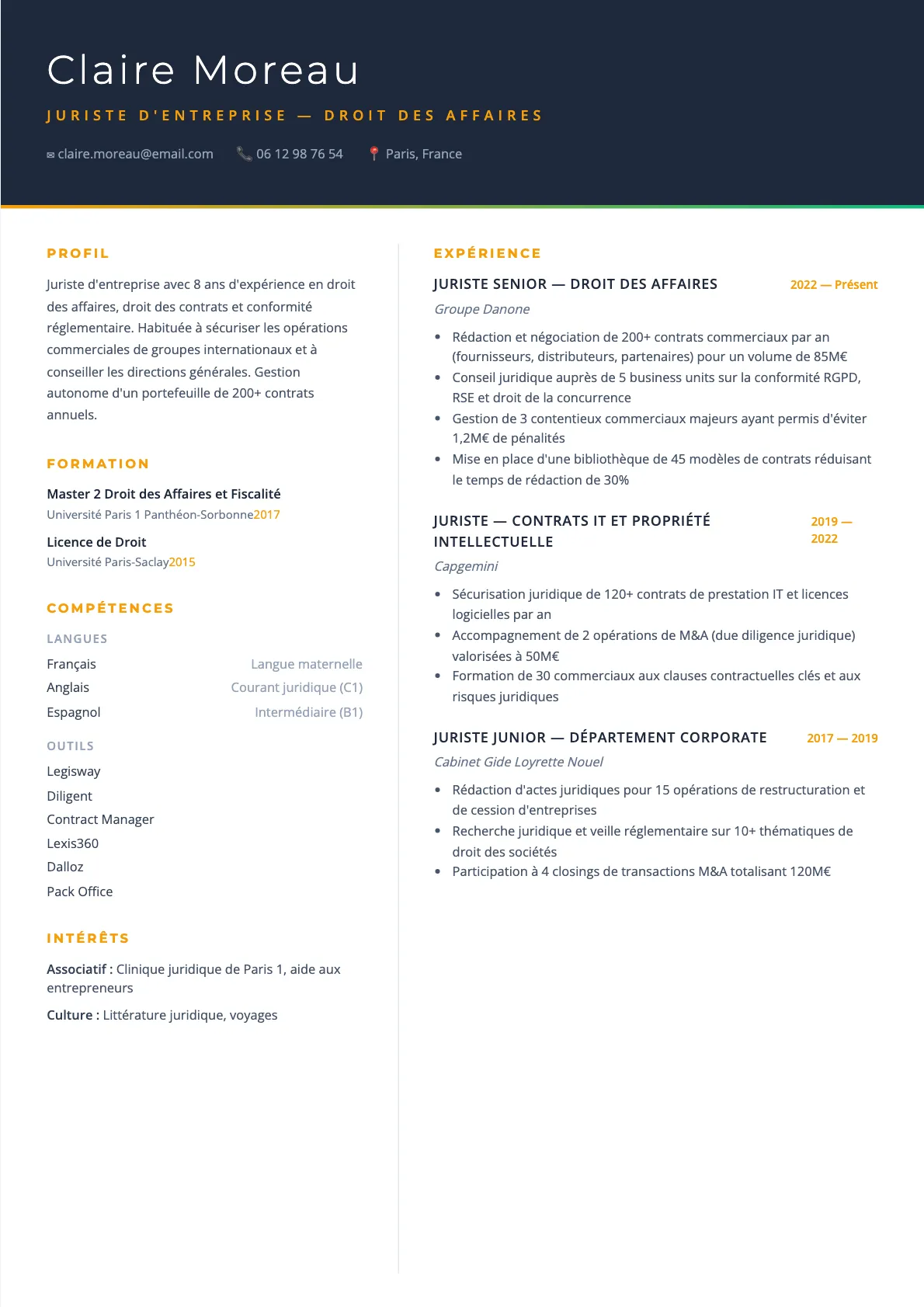 Exemple de CV Juriste d'Entreprise — Droit des Affaires (modèle executive) créé avec CV Boost