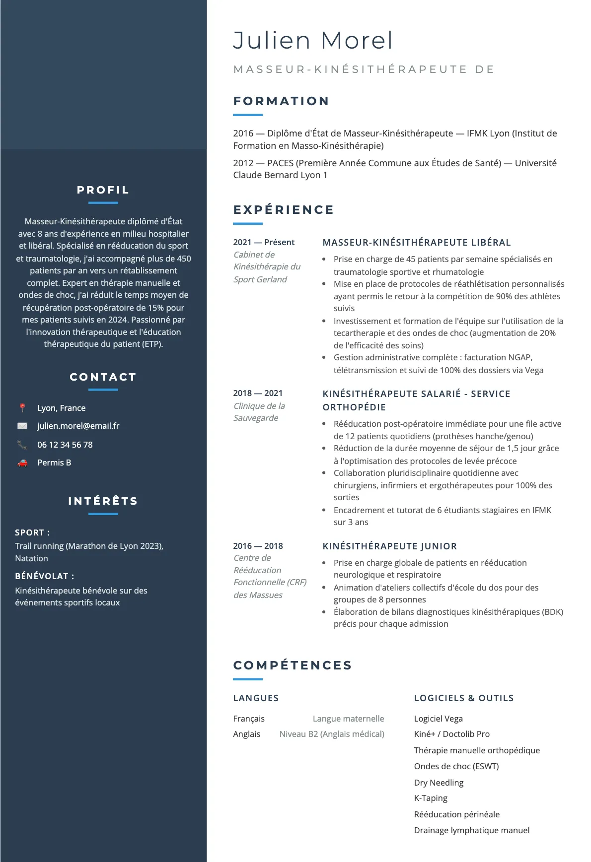 Exemple de CV Masseur-Kinésithérapeute DE (modèle classique) créé avec CV Boost