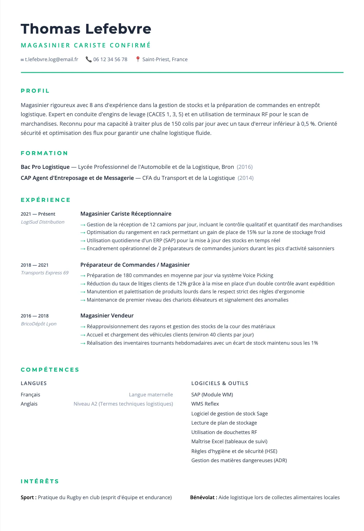 Exemple de CV Magasinier Cariste Confirmé (modèle minimaliste) créé avec CV Boost