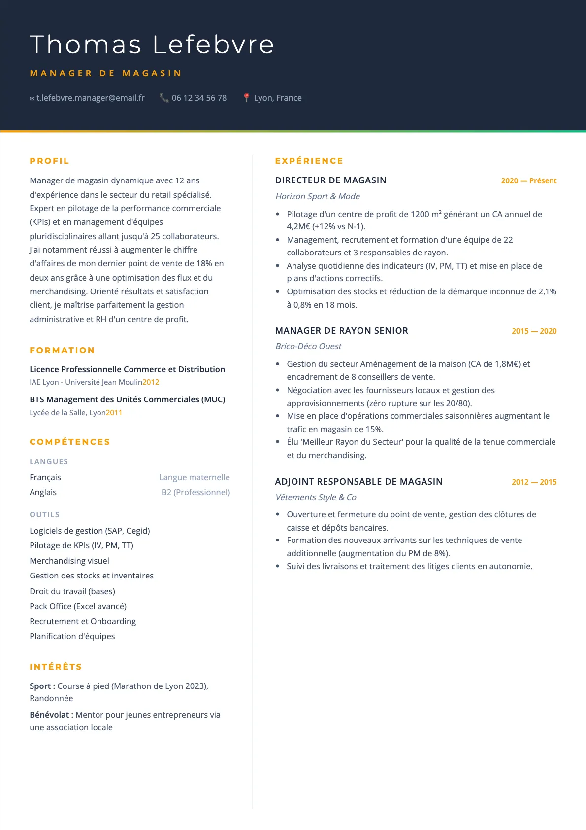 Exemple de CV Manager de Magasin (modèle executive) créé avec CV Boost