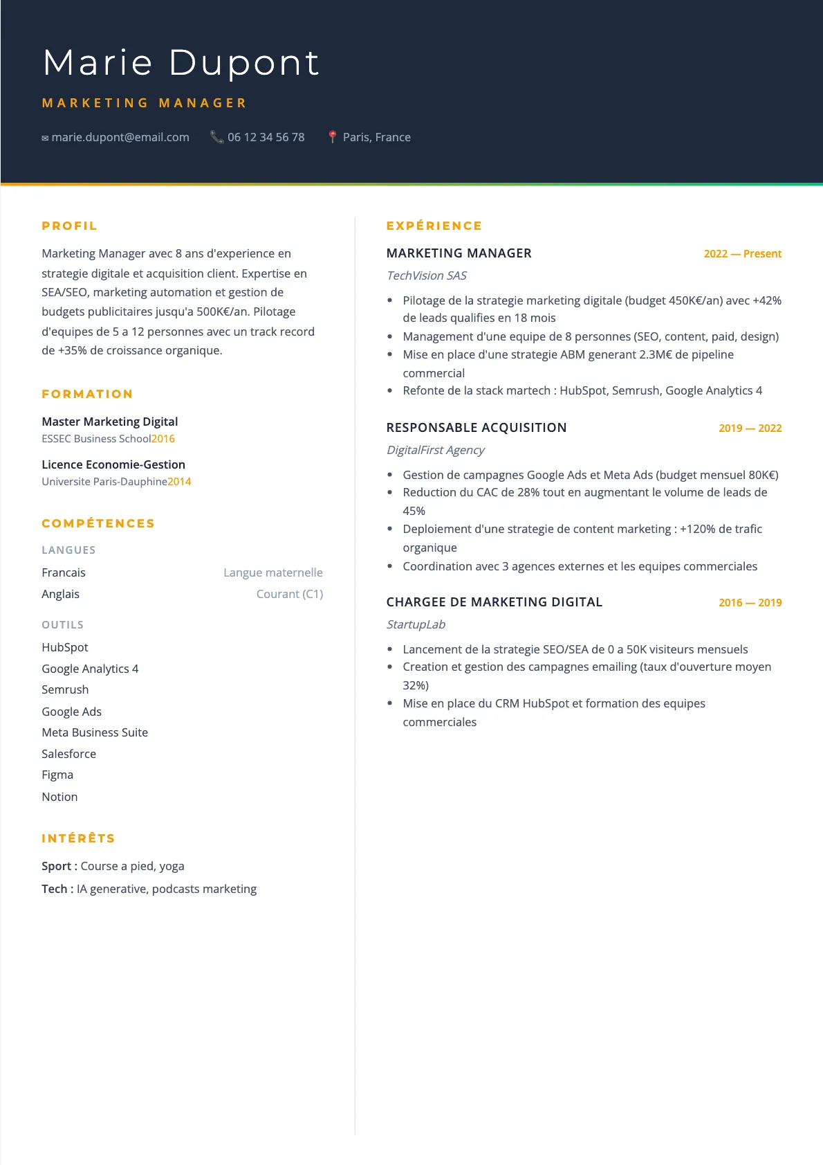 Exemple de CV Marketing Manager (modèle executive) créé avec CV Boost