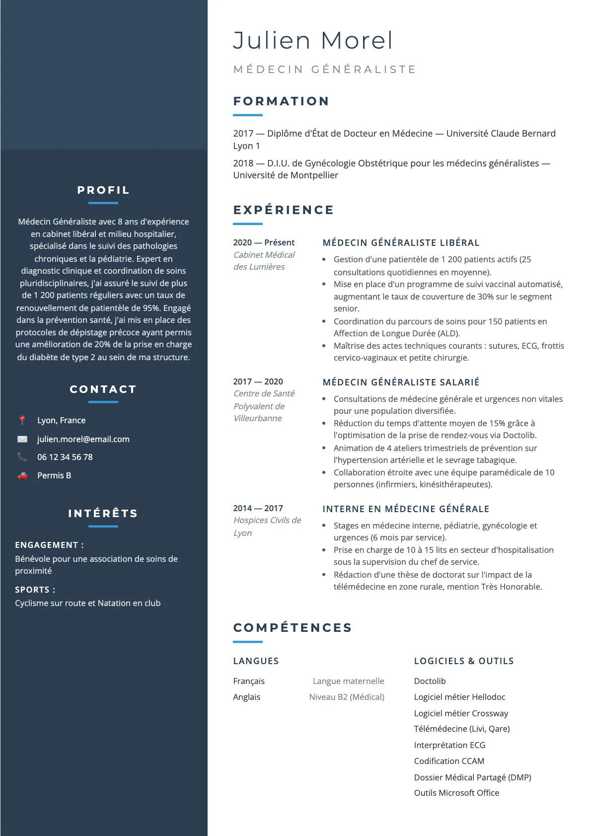 Exemple de CV Médecin Généraliste (modèle classique) créé avec CV Boost