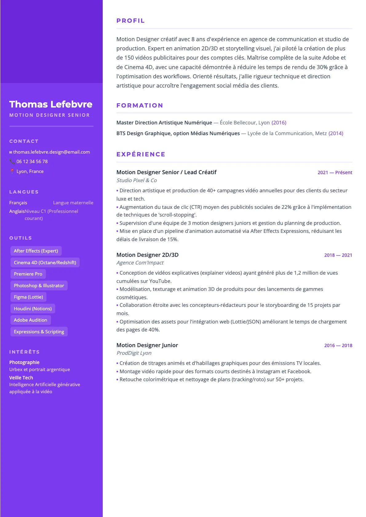 Exemple de CV Motion Designer Senior (modèle creatif) créé avec CV Boost