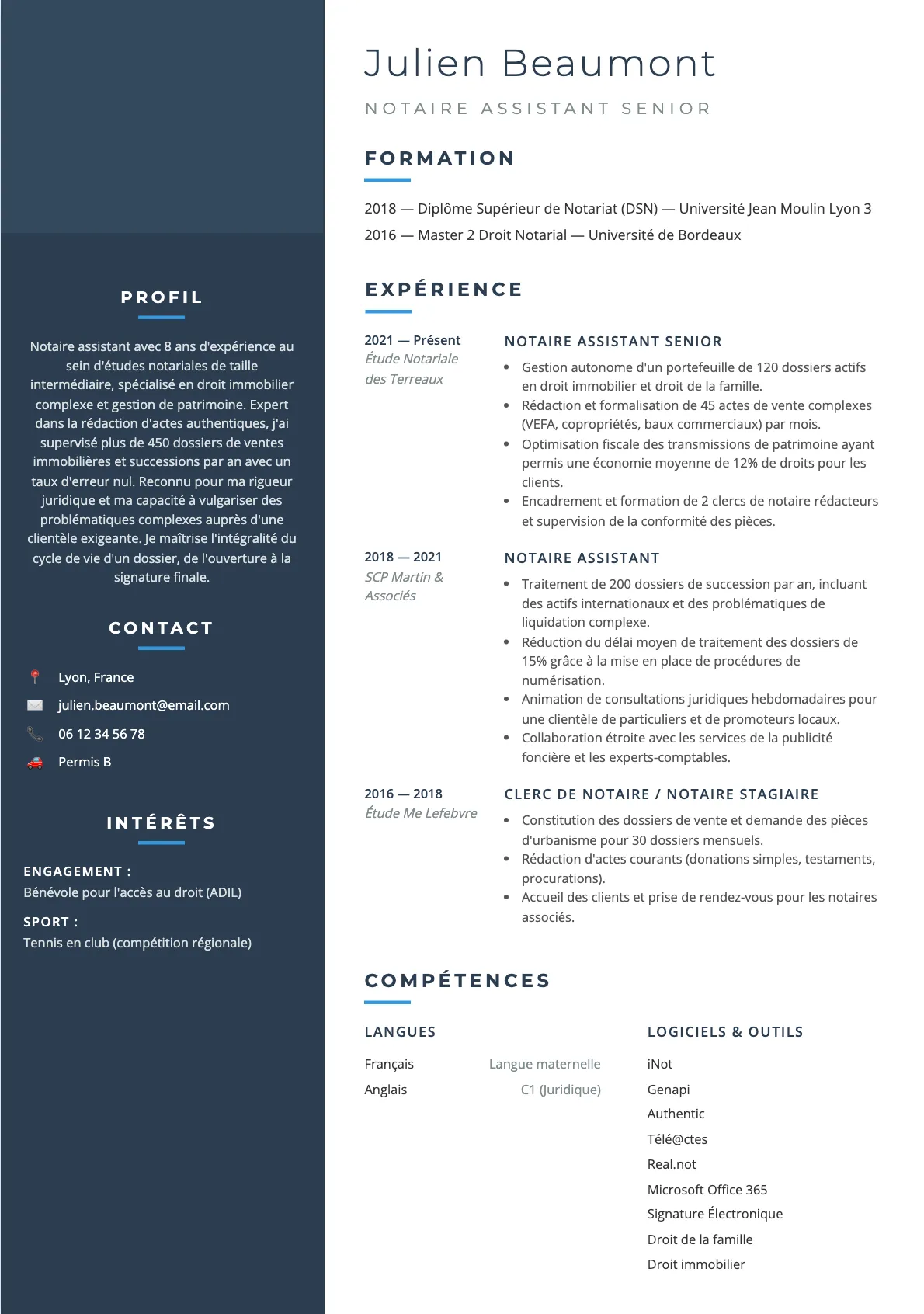 Exemple de CV Notaire Assistant Senior (modèle classique) créé avec CV Boost