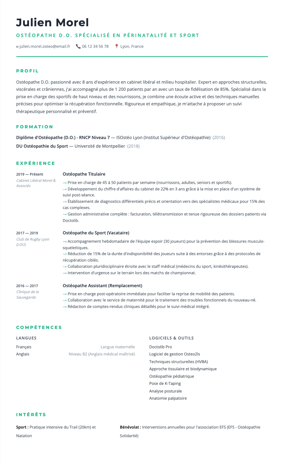 Exemple de CV Ostéopathe D.O. Spécialisé en Périnatalité et Sport (modèle minimaliste) créé avec CV Boost