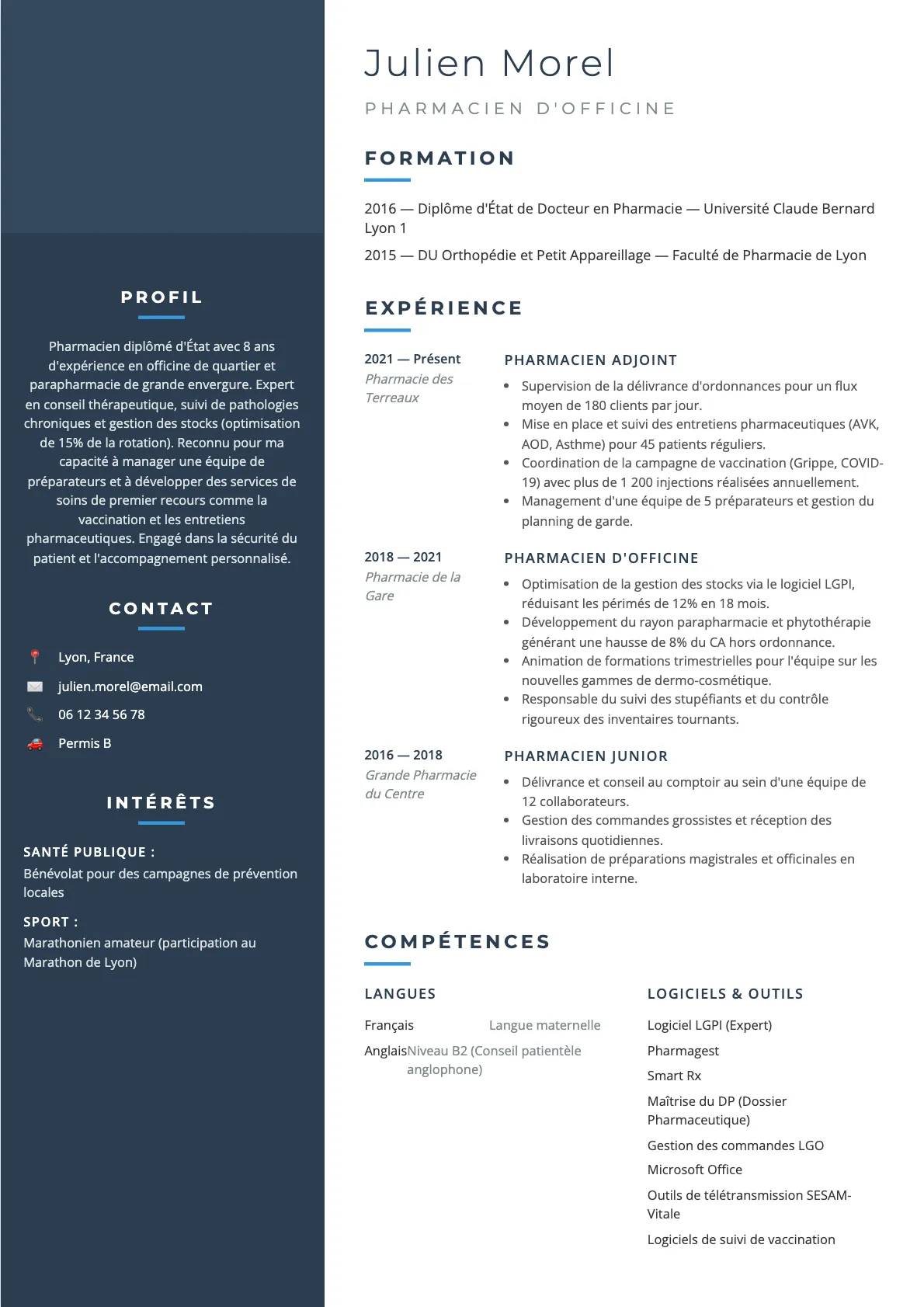 Exemple de CV Pharmacien d'Officine (modèle classique) créé avec CV Boost