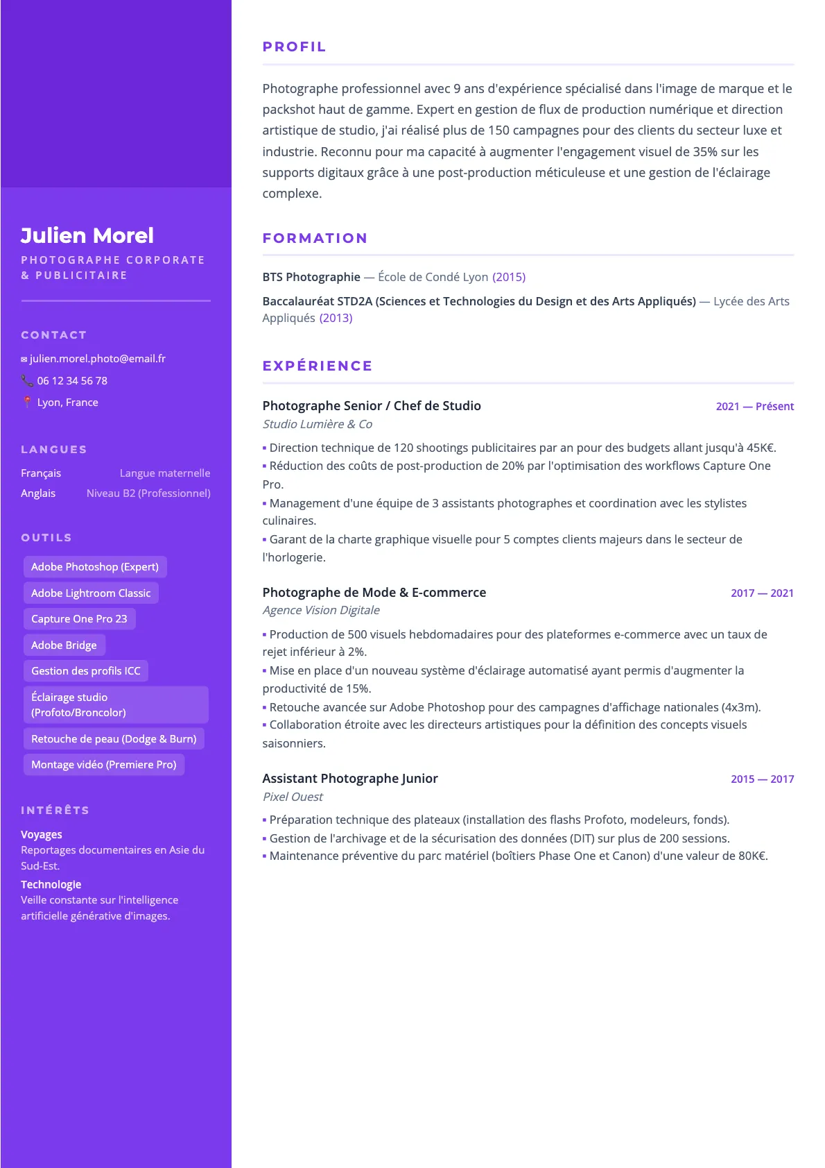 Exemple de CV Photographe Corporate & Publicitaire (modèle creatif) créé avec CV Boost