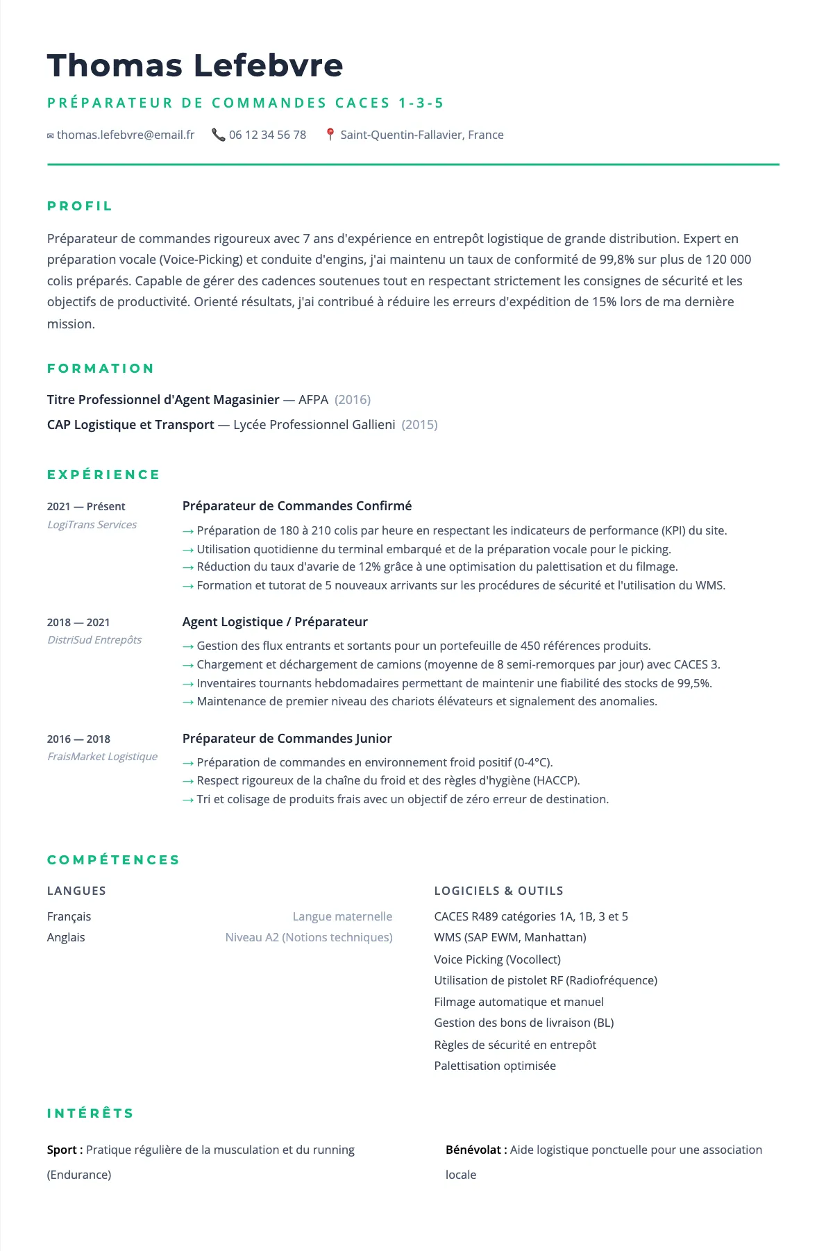 Exemple de CV Préparateur de Commandes CACES 1-3-5 (modèle minimaliste) créé avec CV Boost