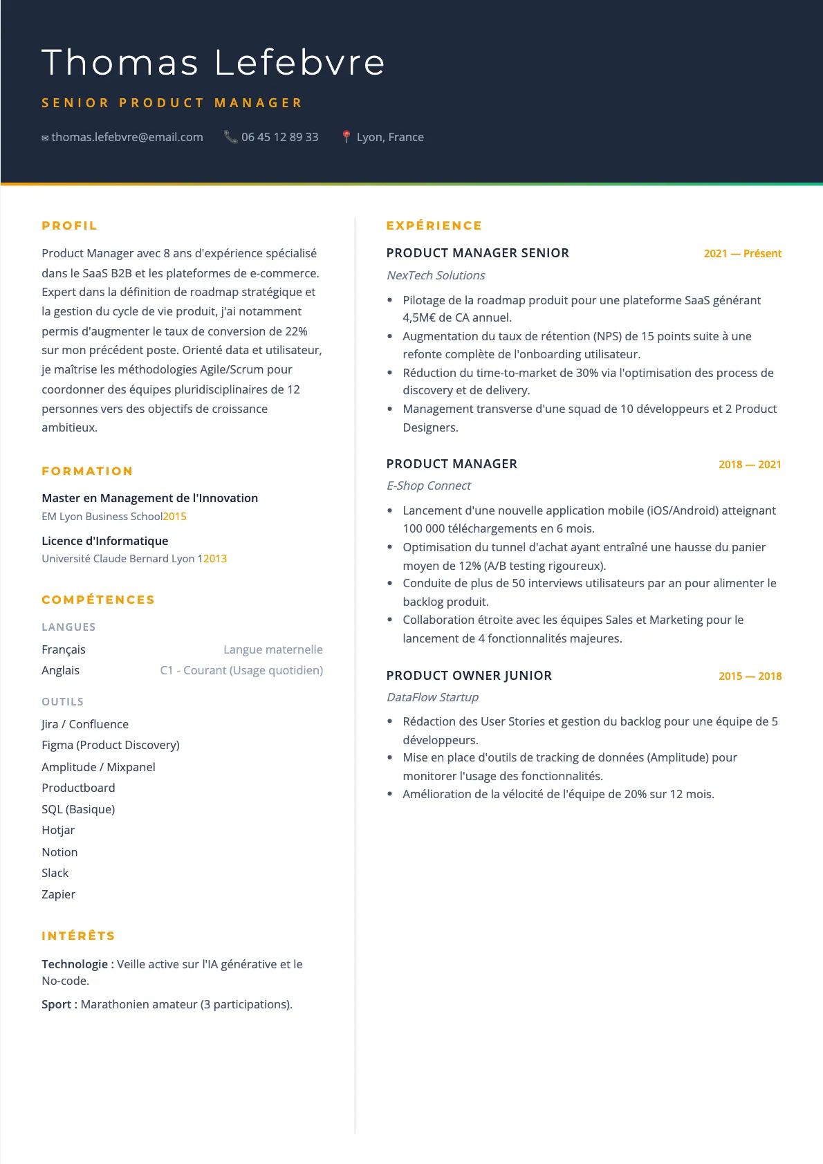 Exemple de CV Senior Product Manager (modèle executive) créé avec CV Boost