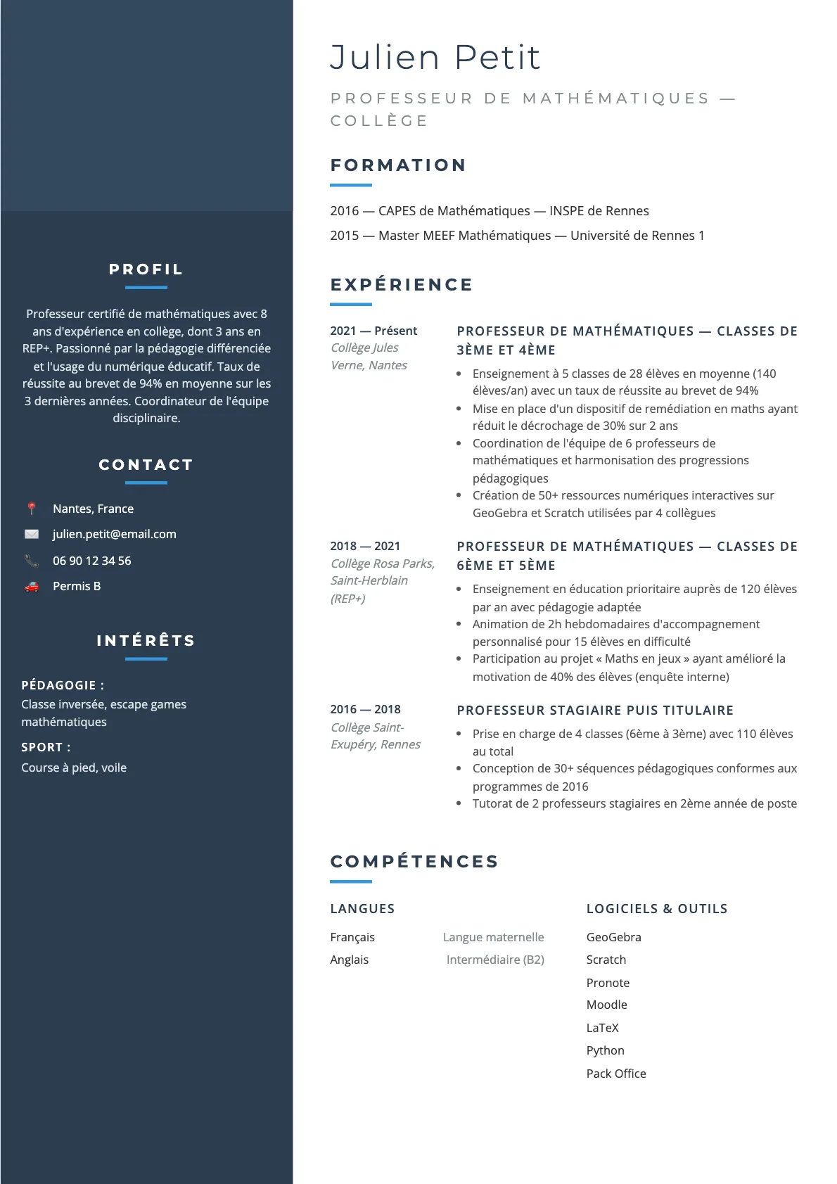 Exemple de CV Professeur de Mathématiques — Collège (modèle classique) créé avec CV Boost