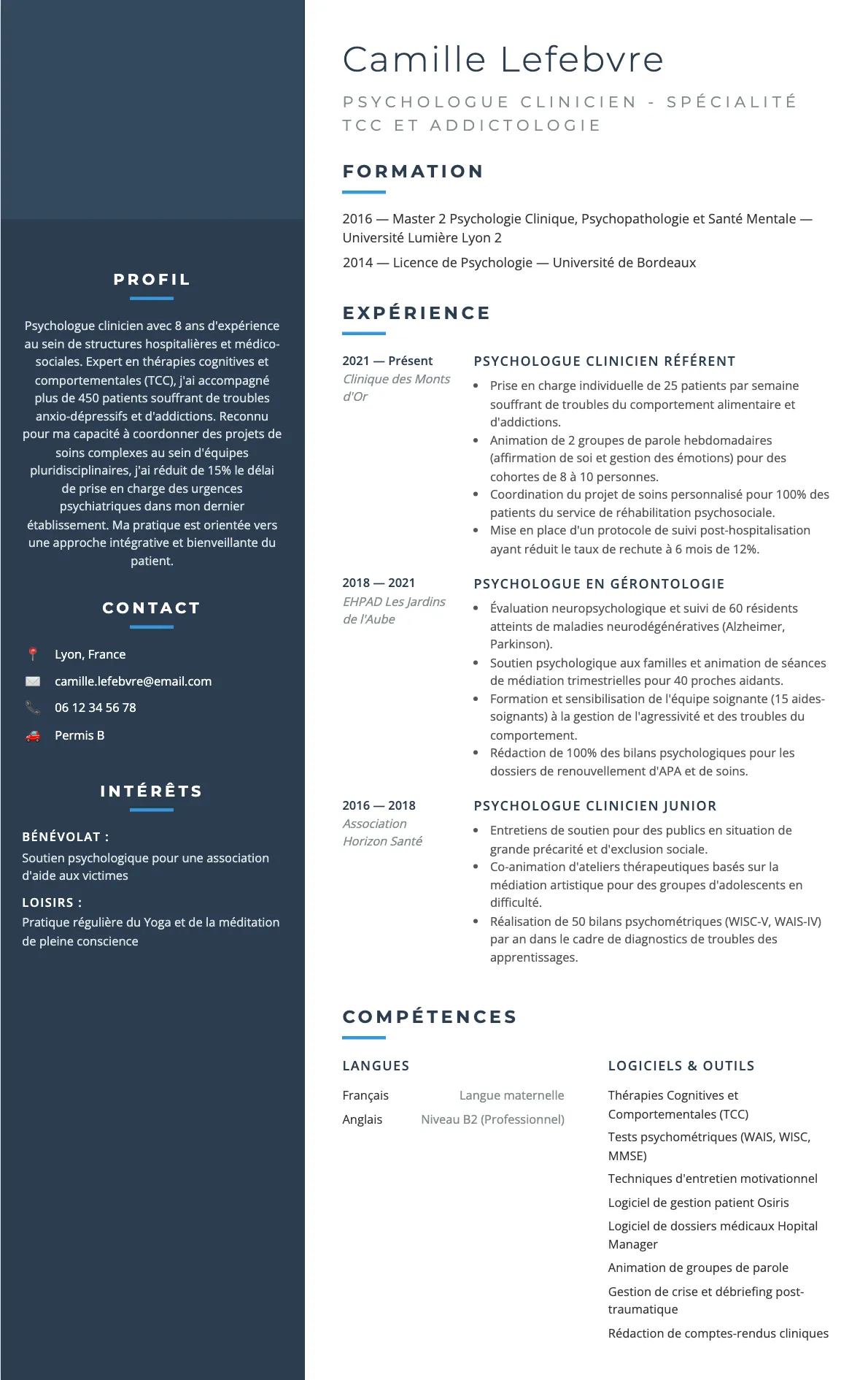 Exemple de CV Psychologue Clinicien - Spécialité TCC et Addictologie (modèle classique) créé avec CV Boost