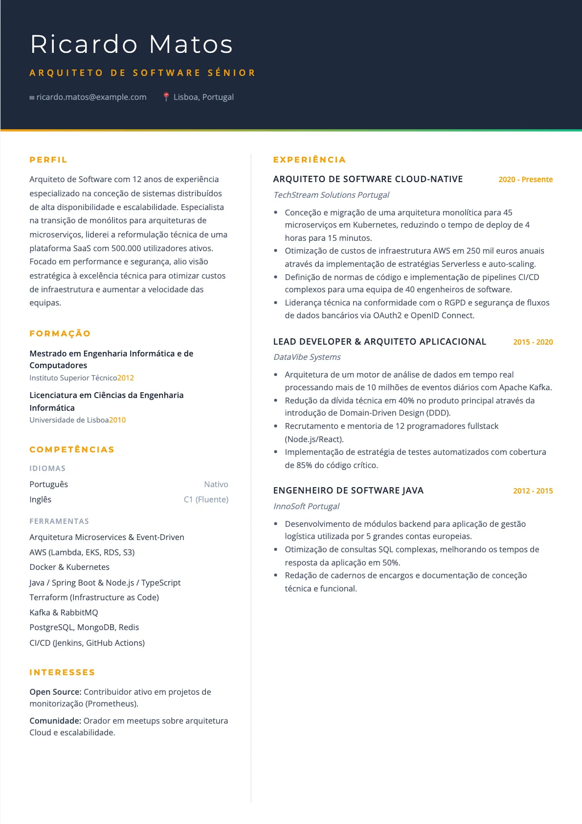 Exemplo de Currículo de Arquiteto de Software 2026
