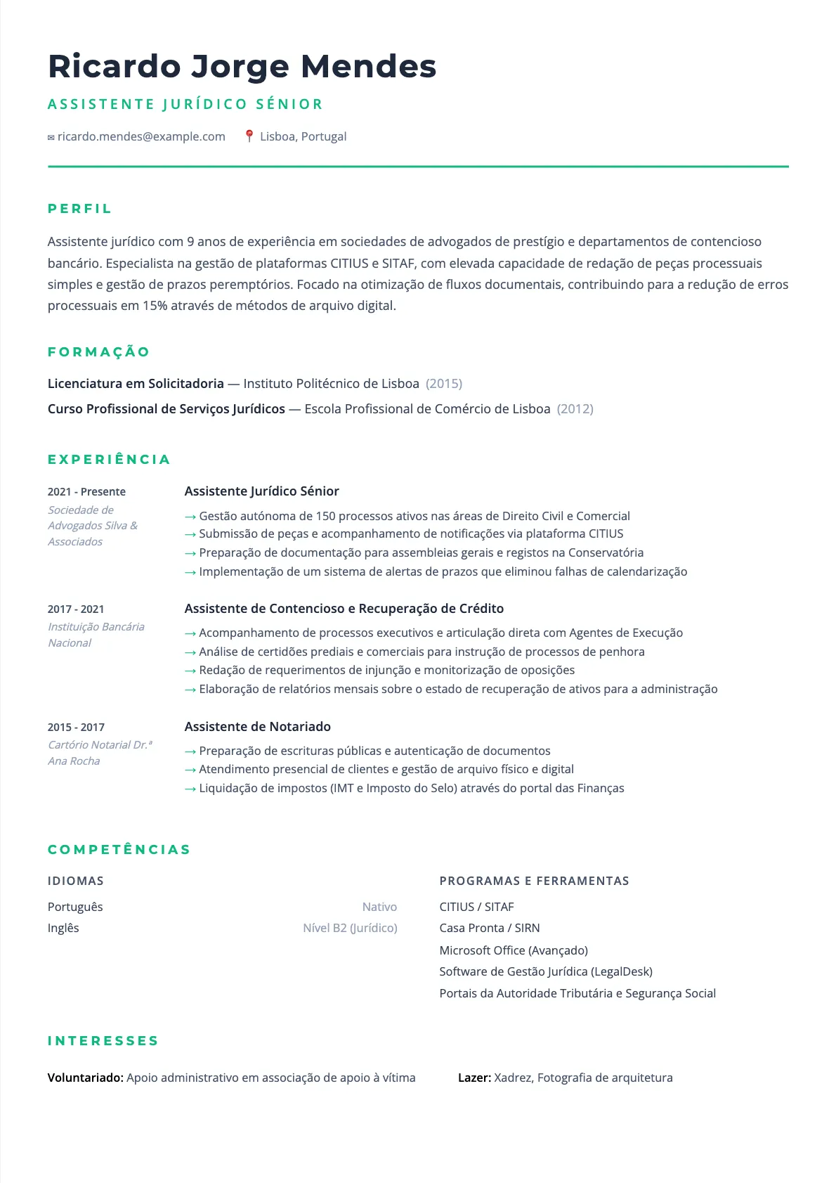 Exemplo de Currículo para Assistente Jurídico 2026