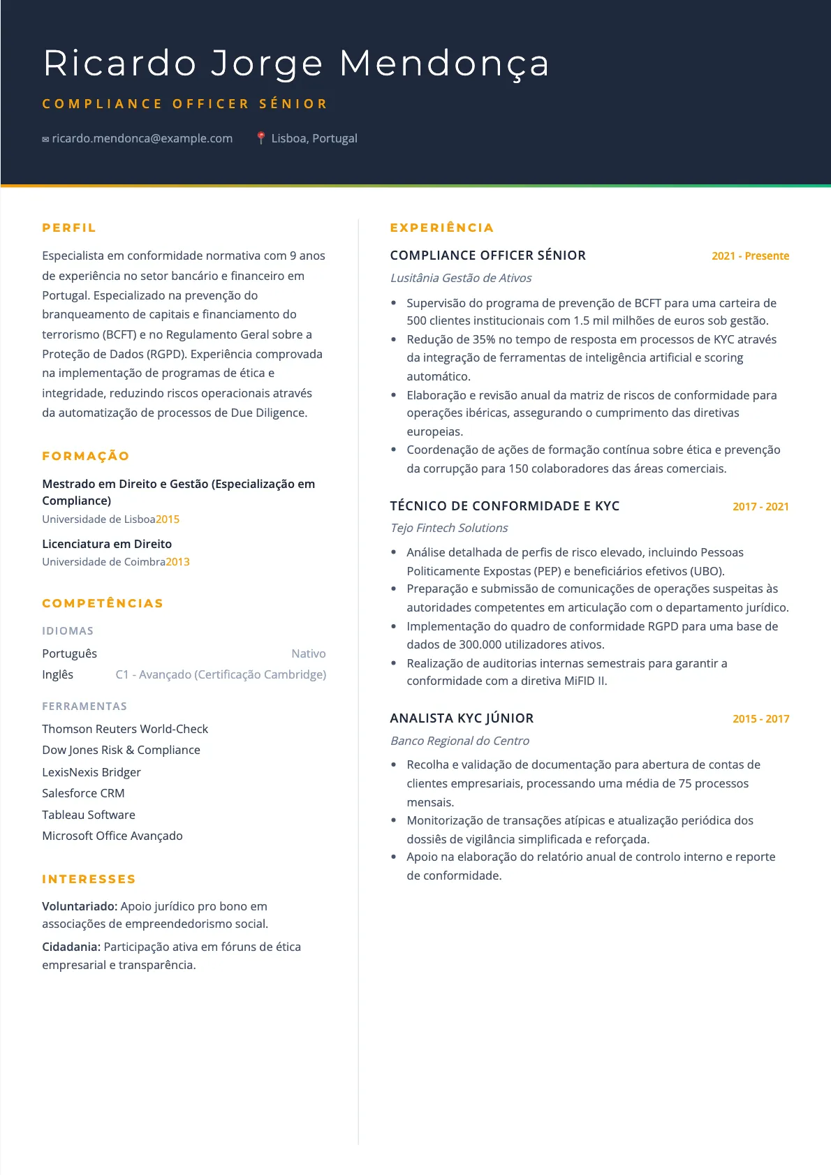 Exemplo de CV Compliance Officer 2026
