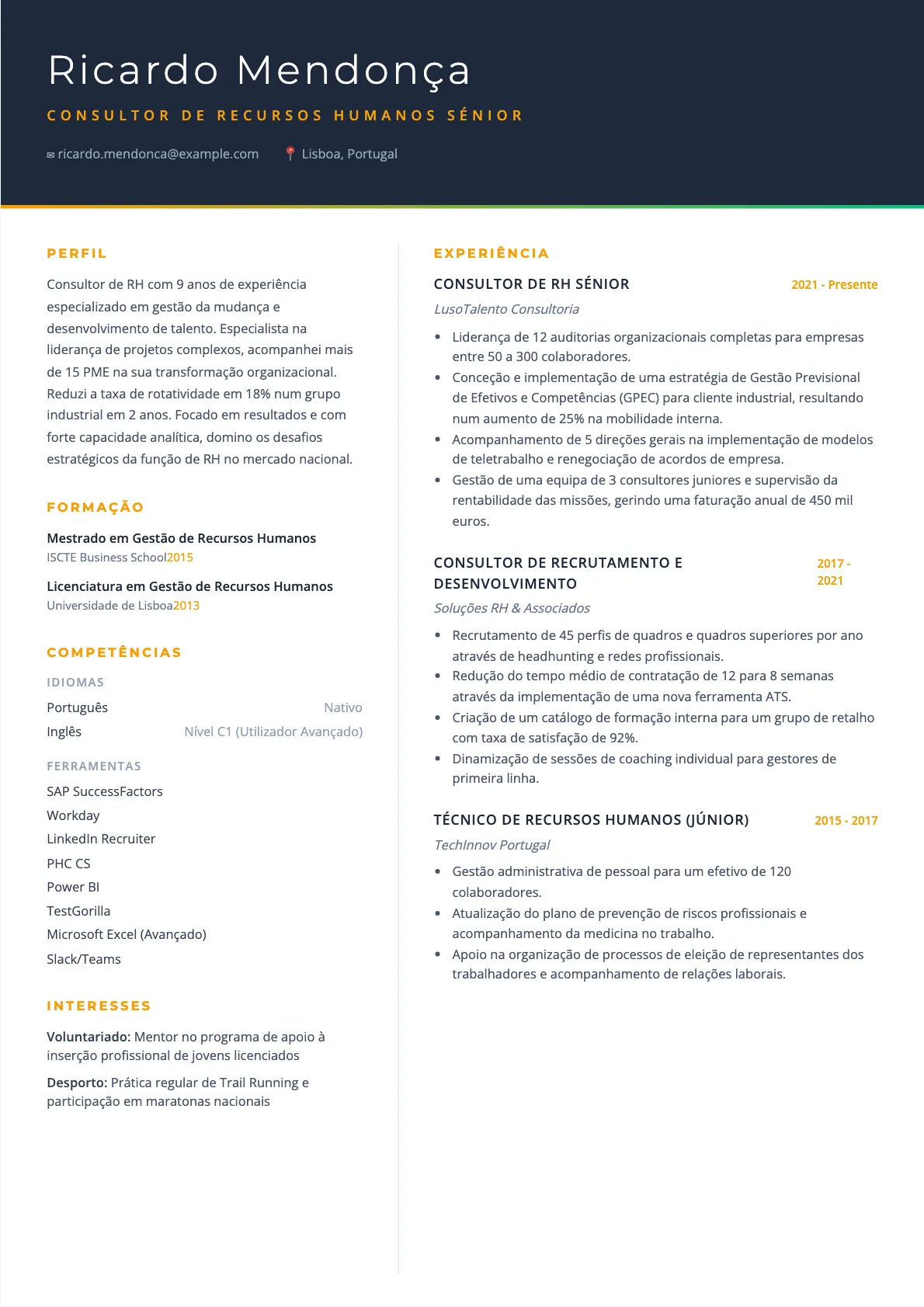Exemplo de Currículo para Consultor de Recursos Humanos 2026