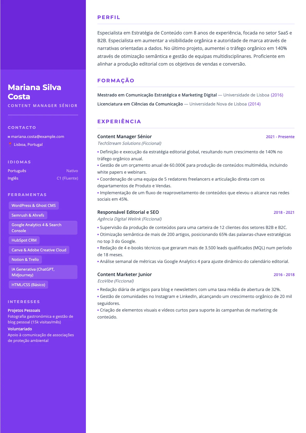 Exemplo de Currículo para Content Manager 2026
