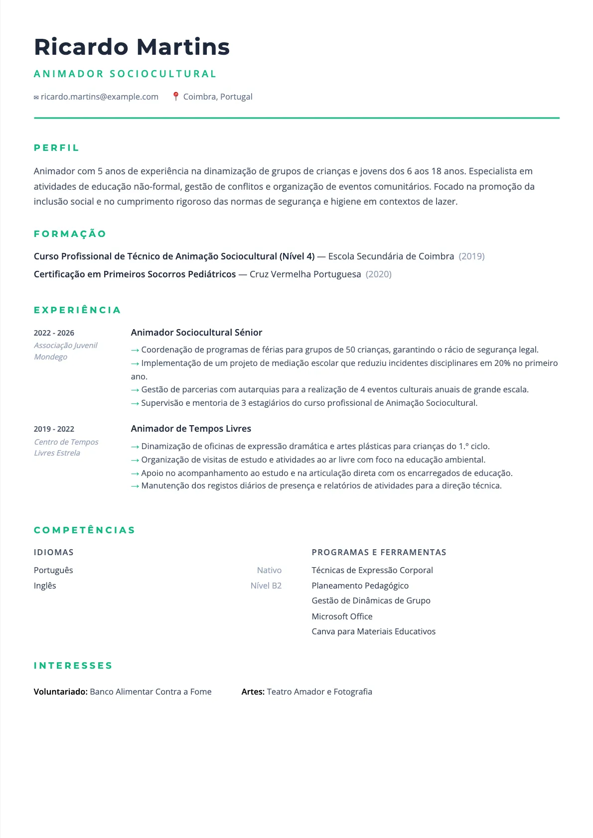 CV de Animador Sociocultural: Exemplo 2026 e Guia Completo