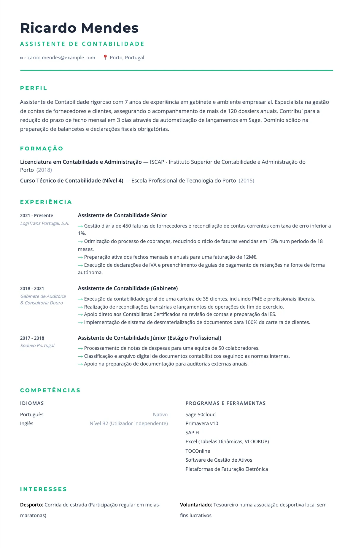 CV de Assistente de Contabilidade: Exemplo e Guia 2026