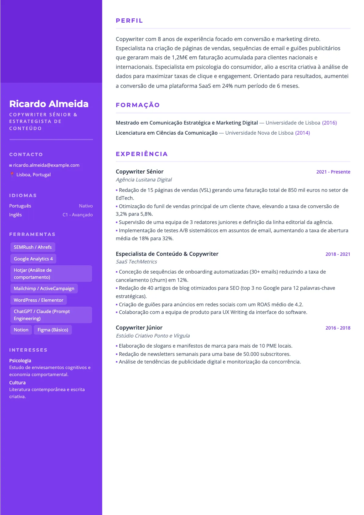 Exemplo de Currículo para Copywriter 2026