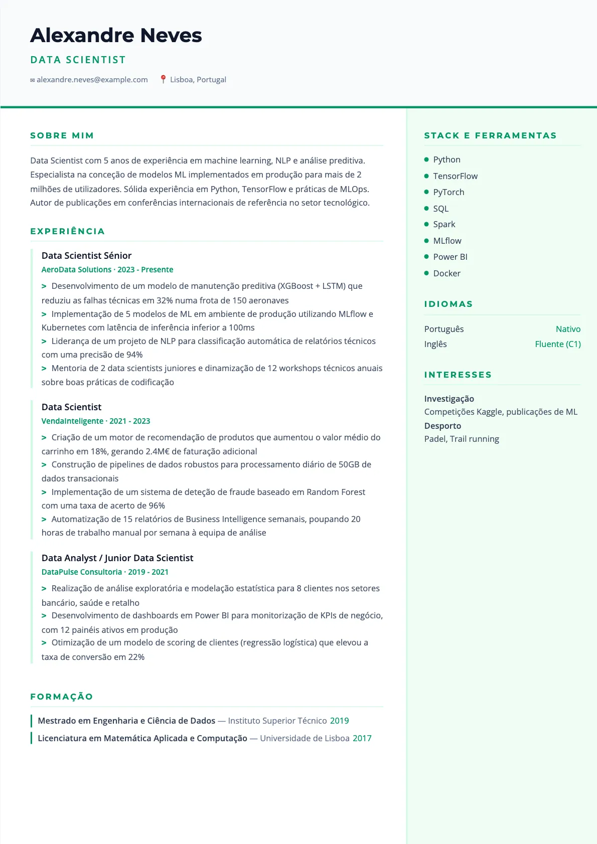 Exemplo de Currículo de Data Scientist 2026