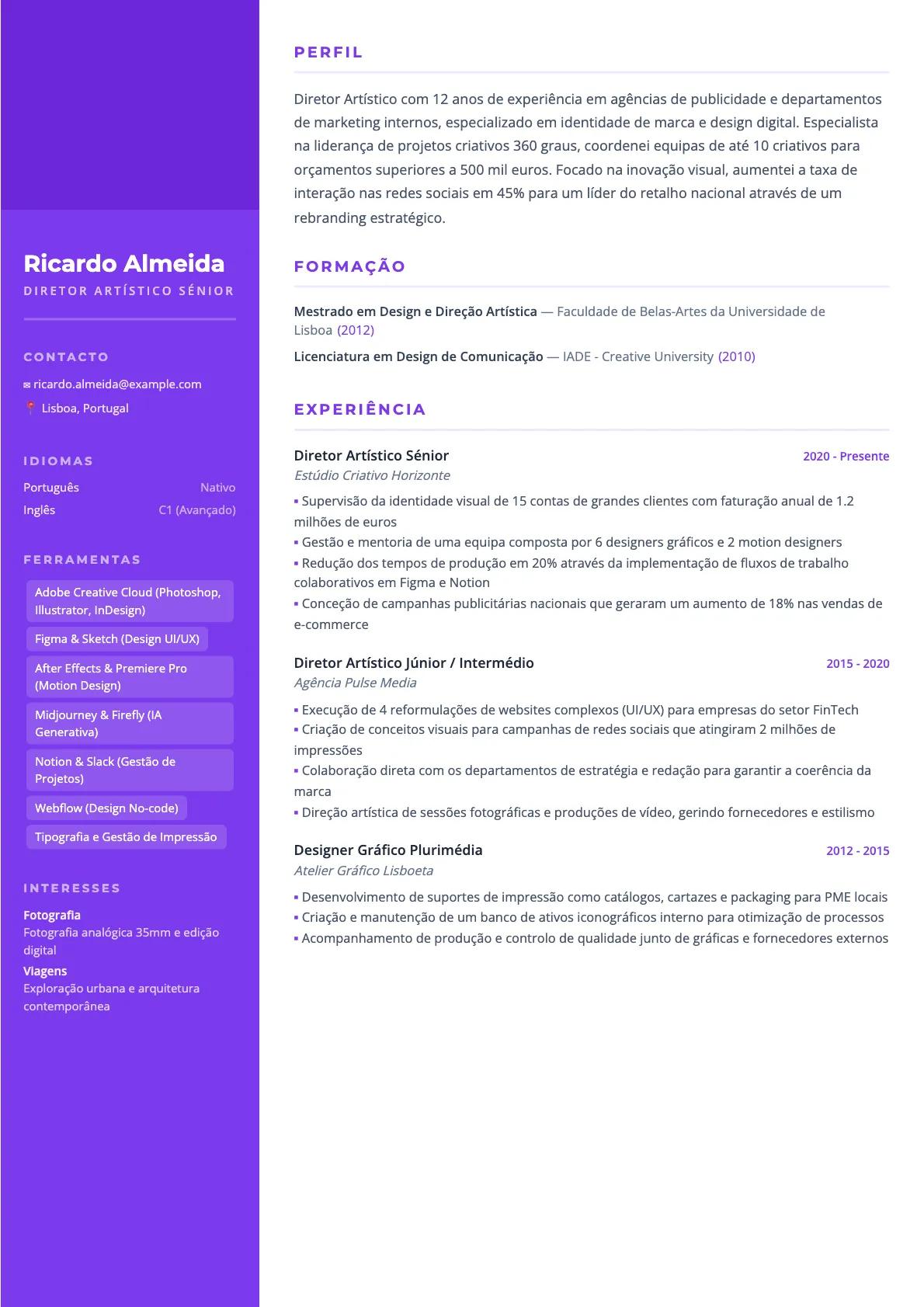 Exemplo de Currículo para Diretor Artístico 2026