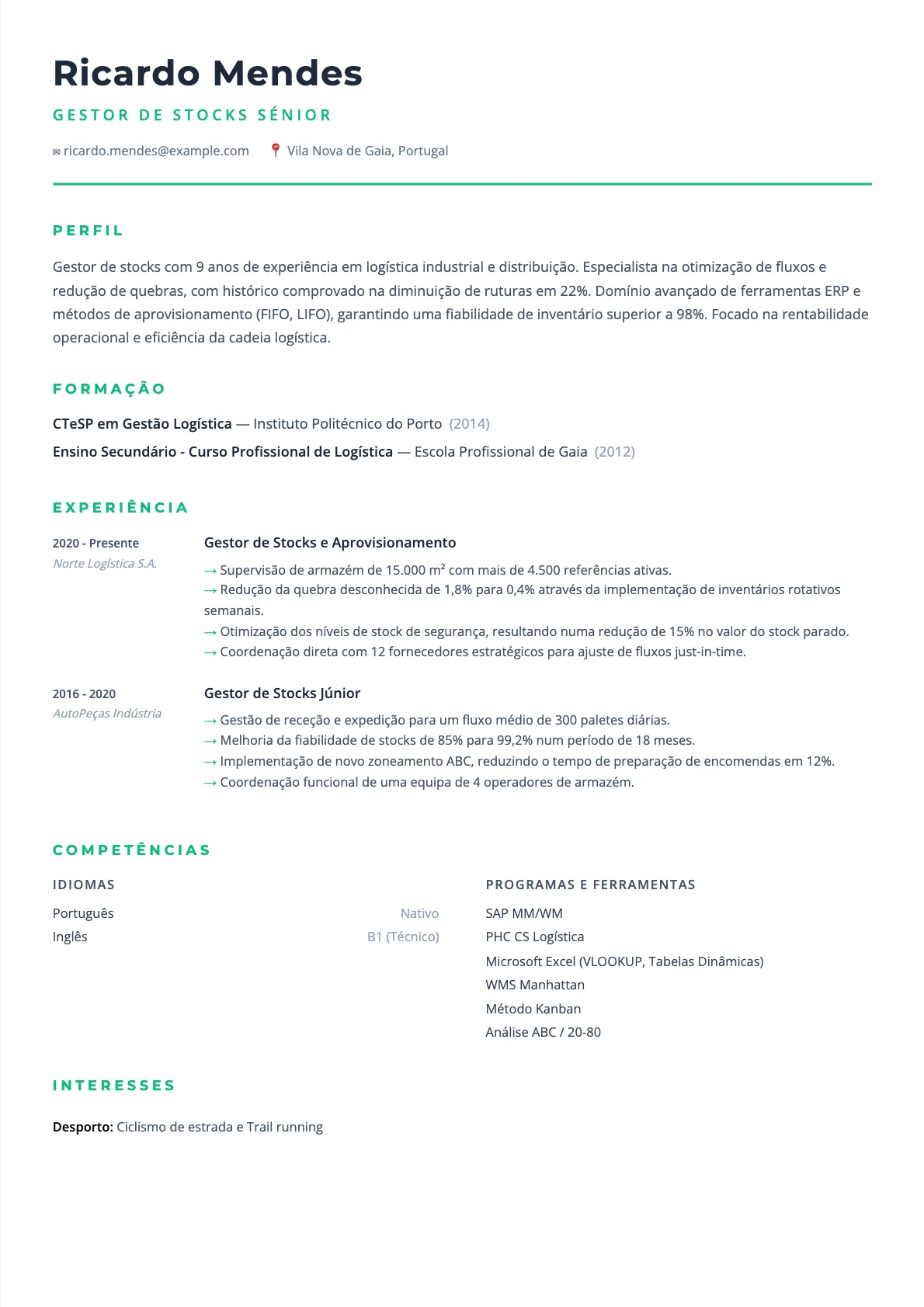 CV de Gestor de Stocks: Exemplo 2026 e Competências