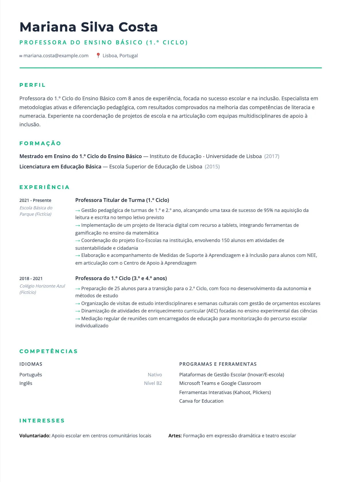 Exemplo de Currículo de Professor do Ensino Básico 2026