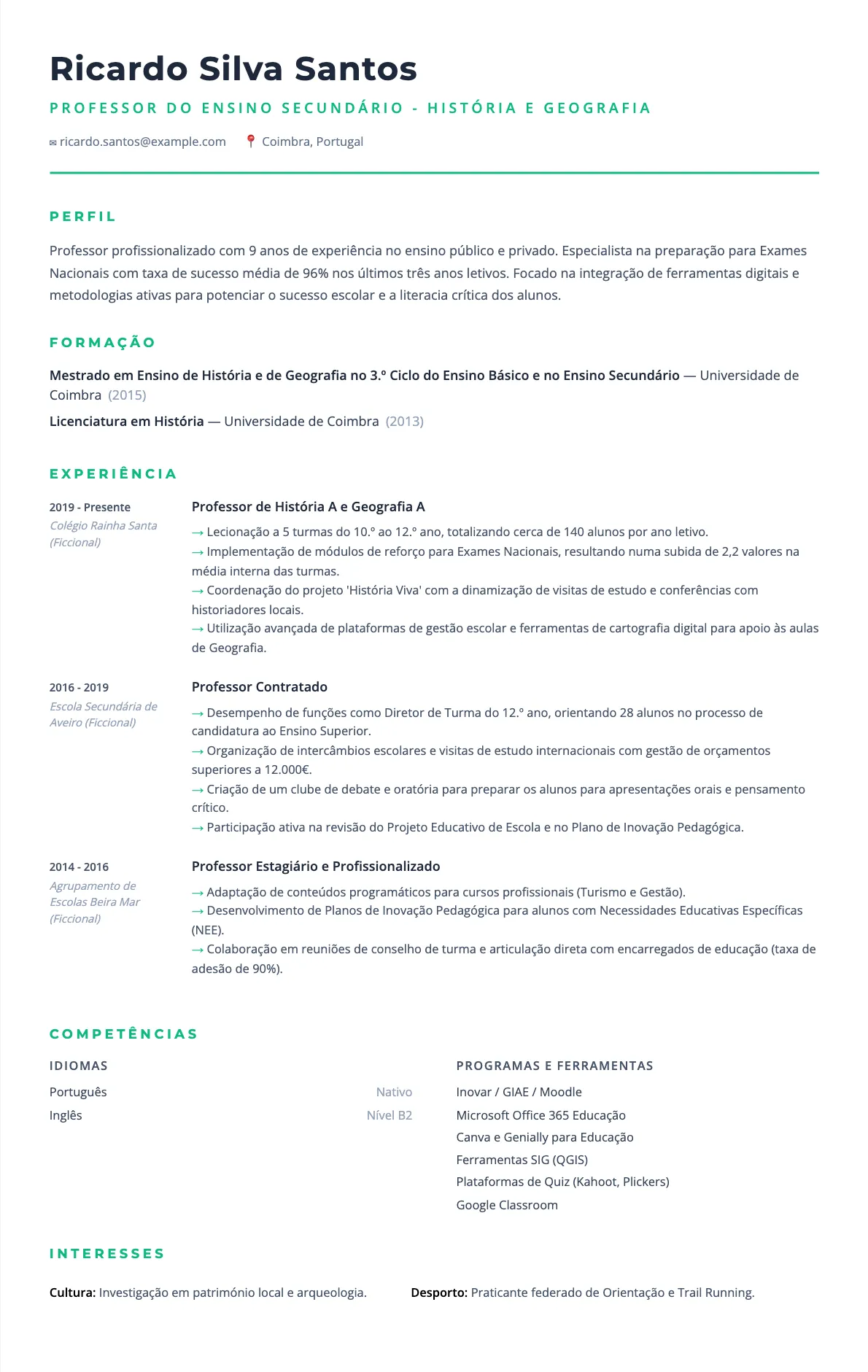 Exemplo de Currículo para Professor do Ensino Secundário 2026