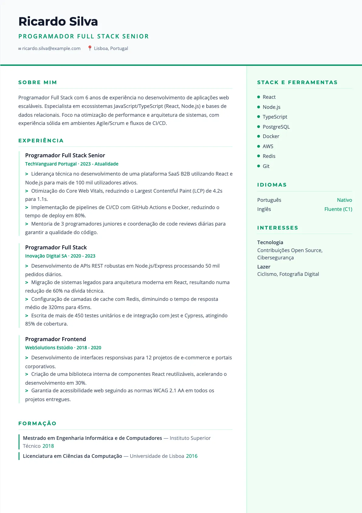 Exemplo de Currículo para Programador Full Stack 2026