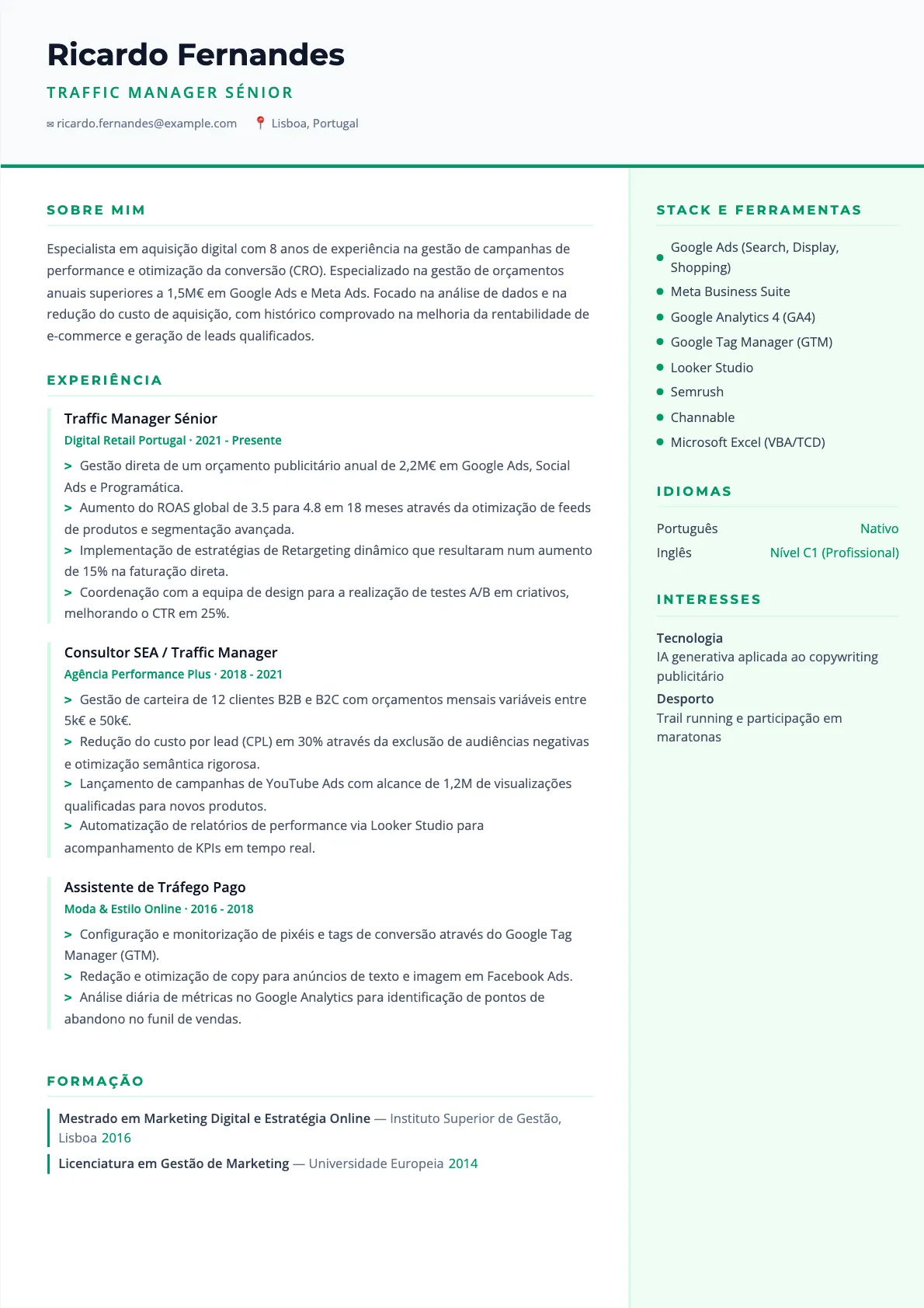 Exemplo de Currículo para Traffic Manager 2026