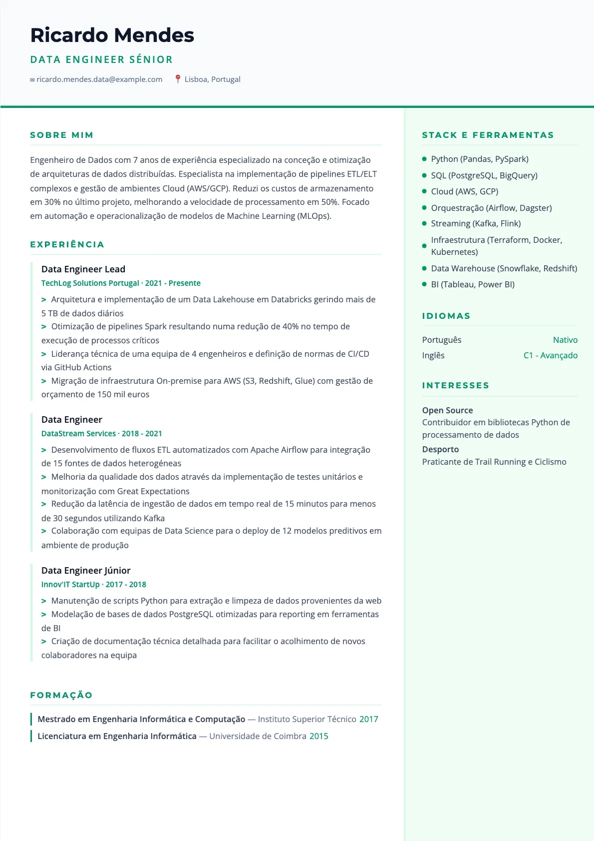 Exemplo de Currículo de Data Engineer 2026