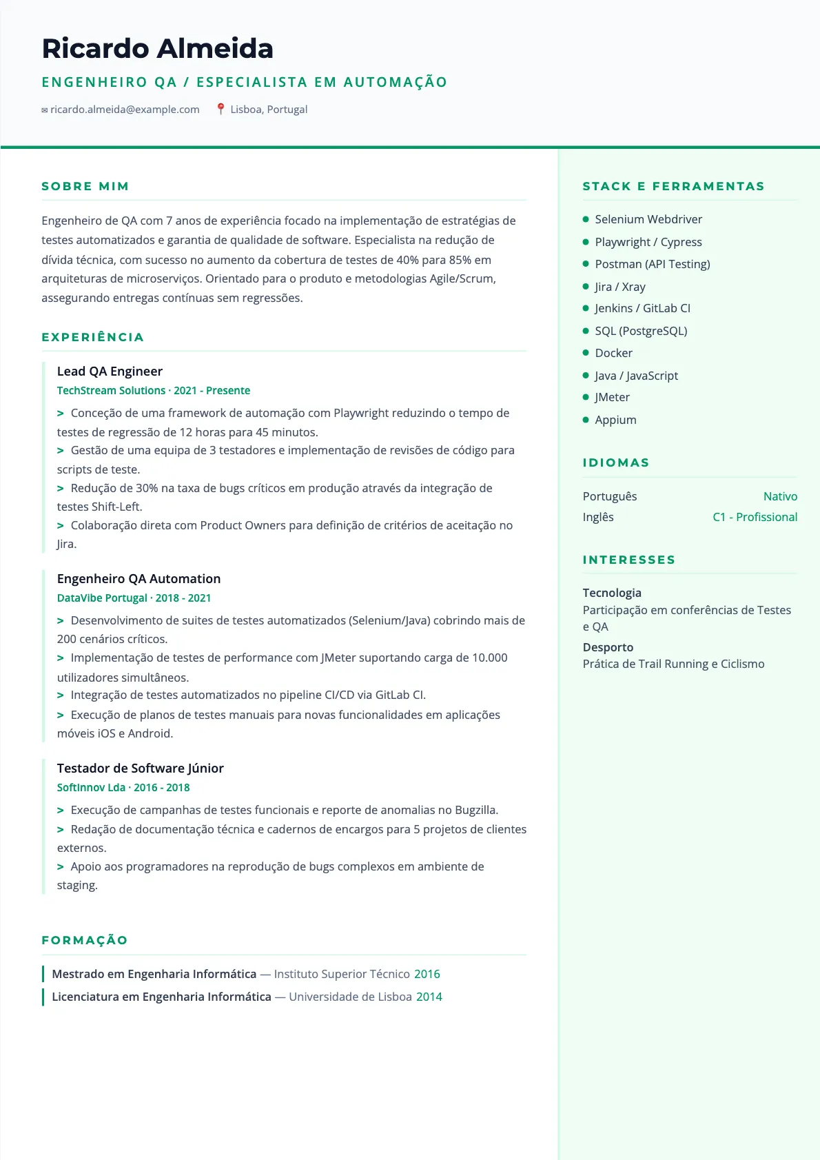 Exemplo de Currículo Engenheiro QA 2026