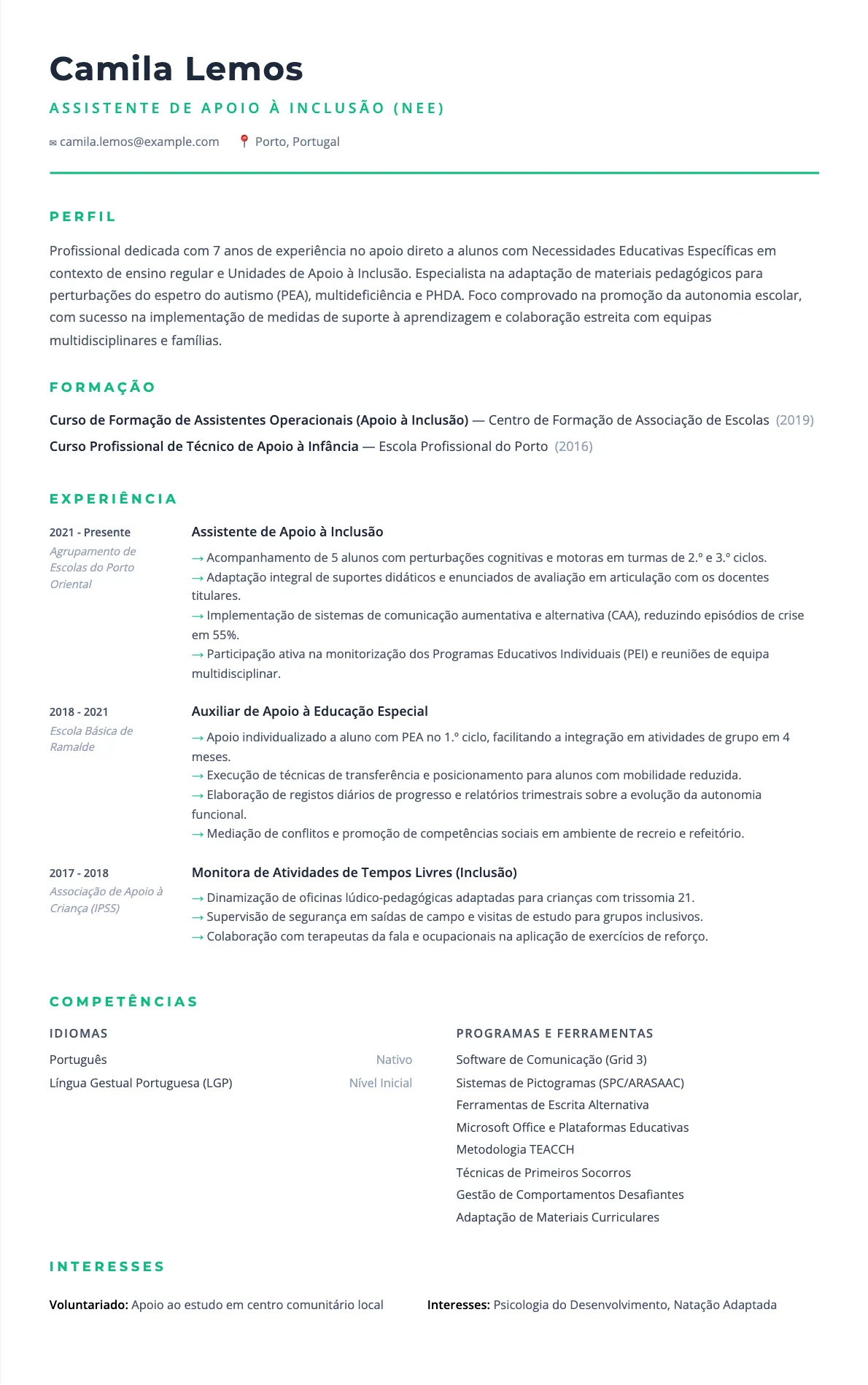 Exemplo de Currículo para Assistente de Apoio à Inclusão 2026