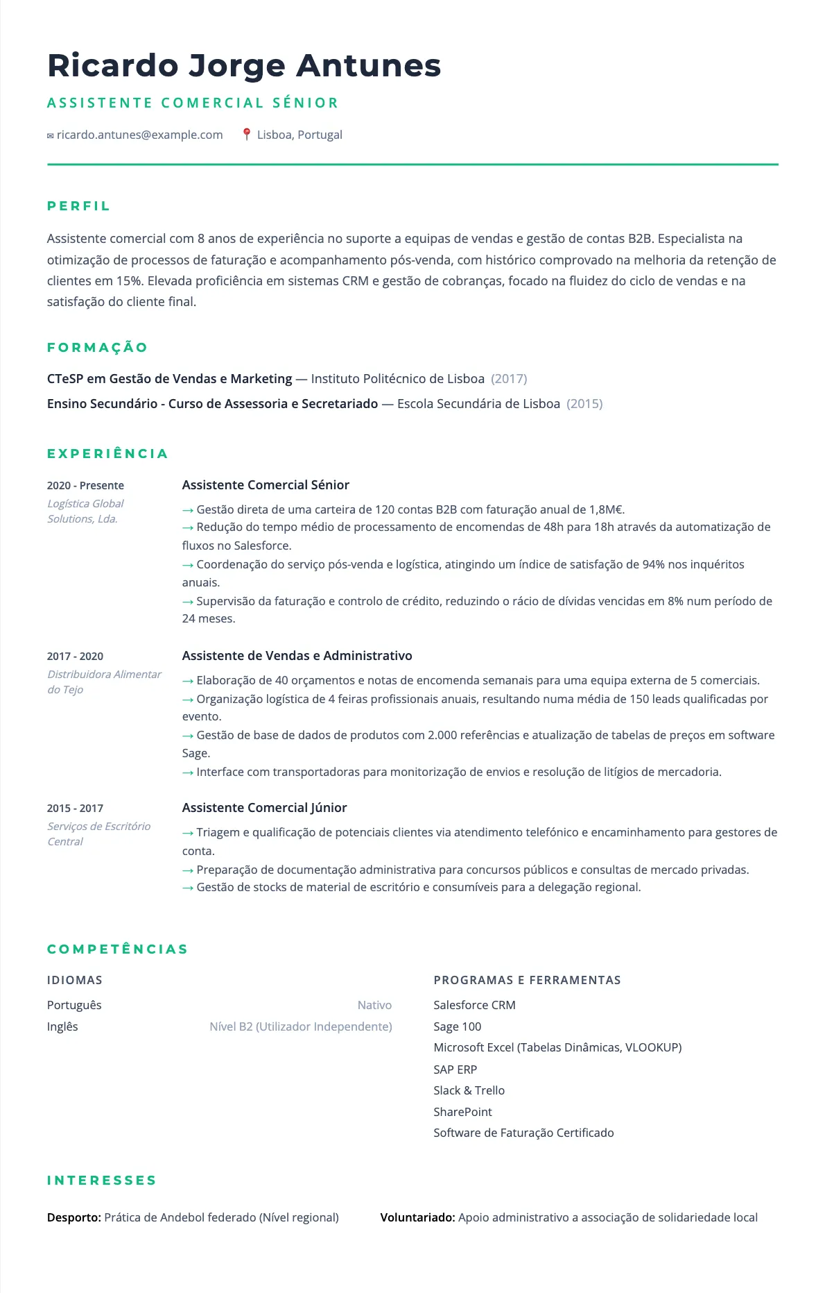 Exemplo de CV Assistente Comercial 2026