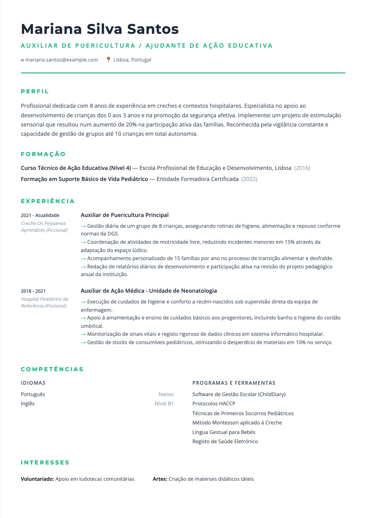 Exemplo de Currículo para Auxiliar de Puericultura 2026