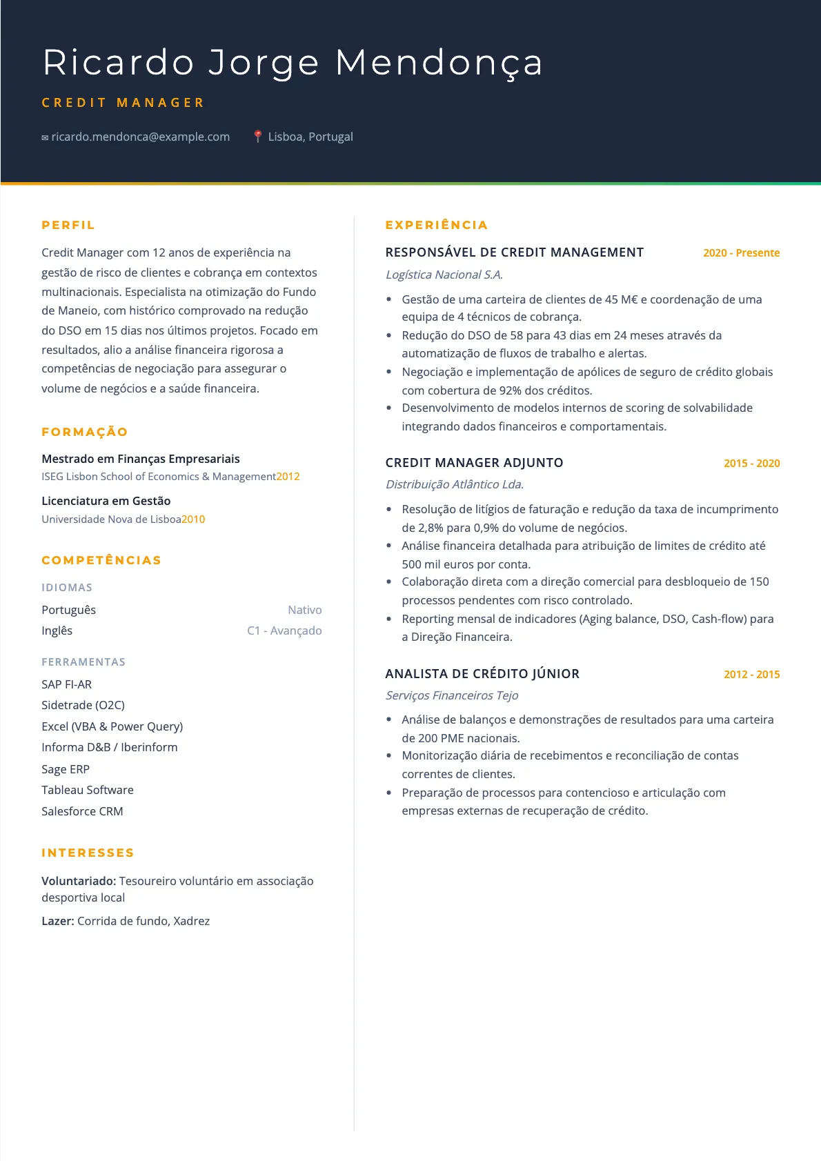 Exemplo de Currículo para Credit Manager 2026