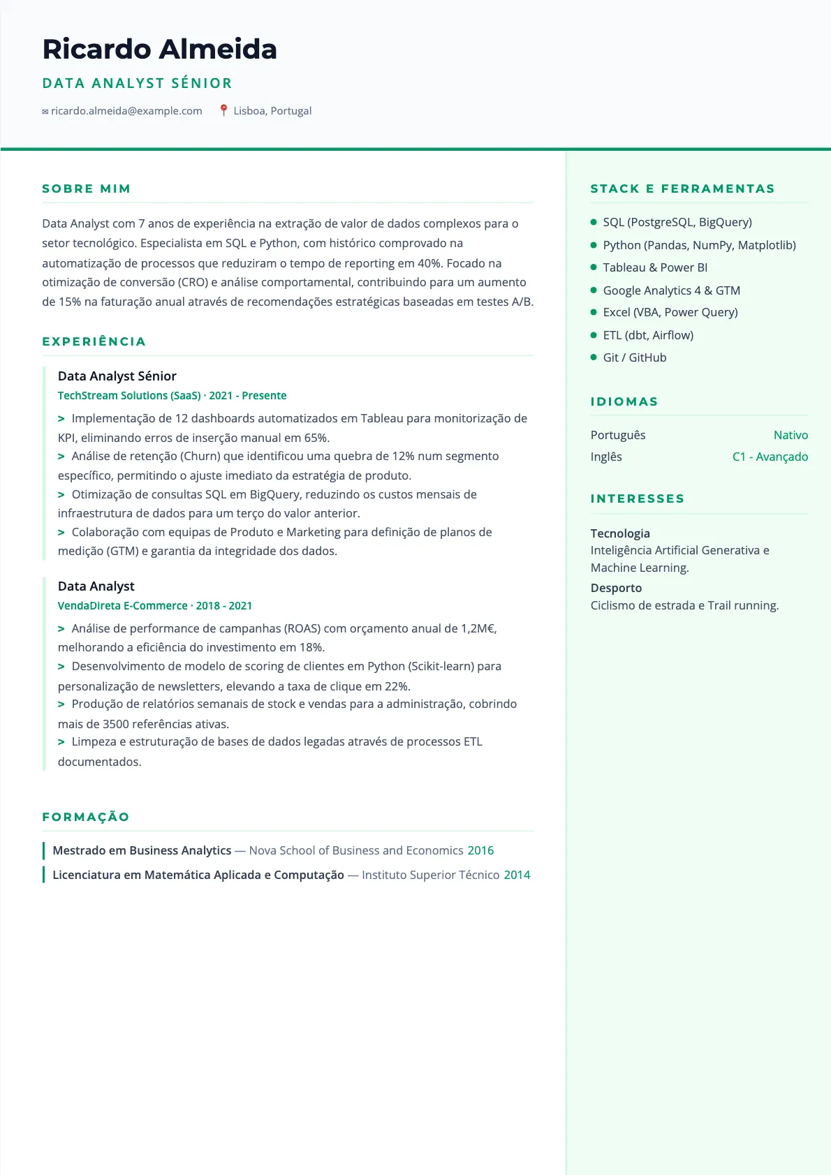 Exemplo de Currículo para Data Analyst 2026