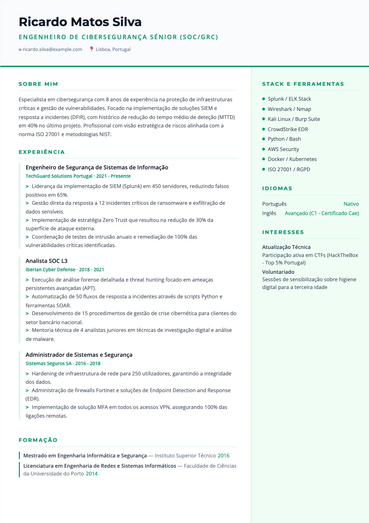 Exemplo de Currículo Engenheiro de Cibersegurança 2026