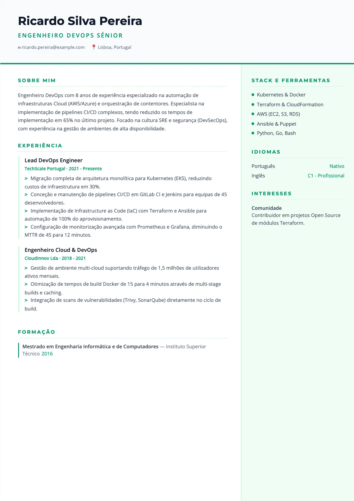 Exemplo de Currículo para Engenheiro DevOps 2026