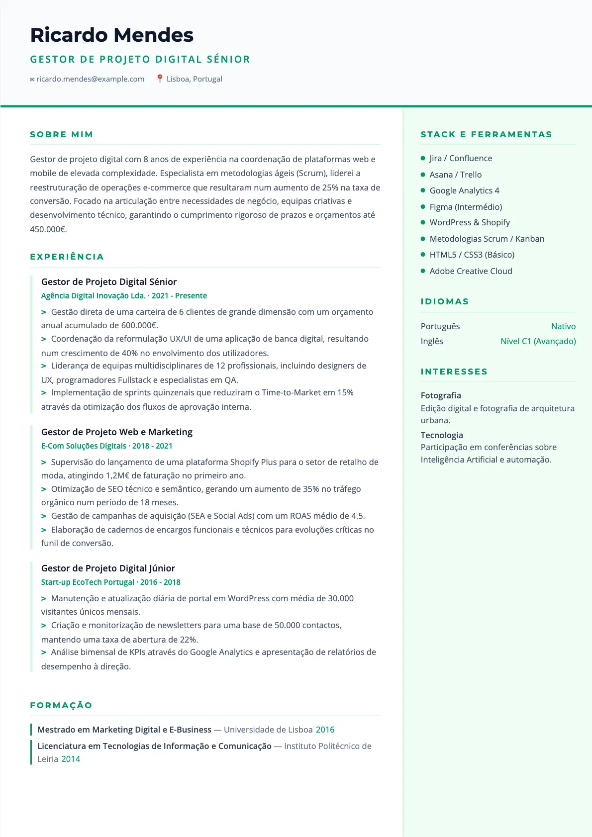 Exemplo de Currículo de Gestor de Projeto Digital 2026