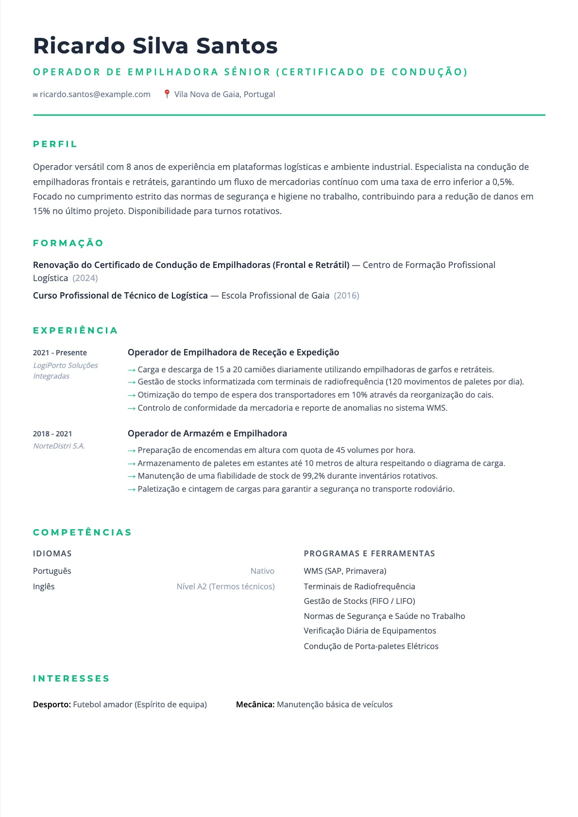 Exemplo de Currículo para Operador de Empilhadora 2026