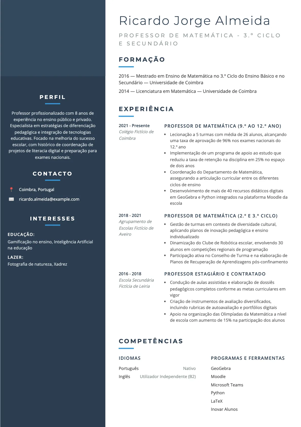Exemplo de Currículo para Professor do Ensino Básico e Secundário